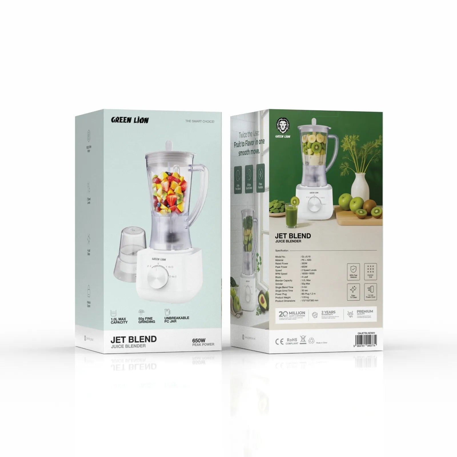 Green Lion Jet Blend Juice Blender 650W with 1L PC Jar & Grinder – White