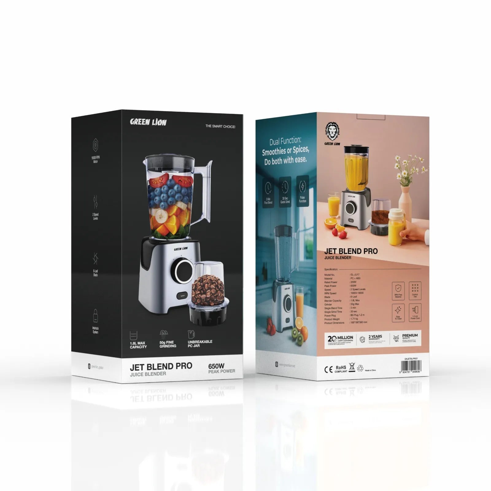 Green Lion Jet Blend Pro Juice Blender 650W with Grinder & 1.8L PC Jar – Gray
