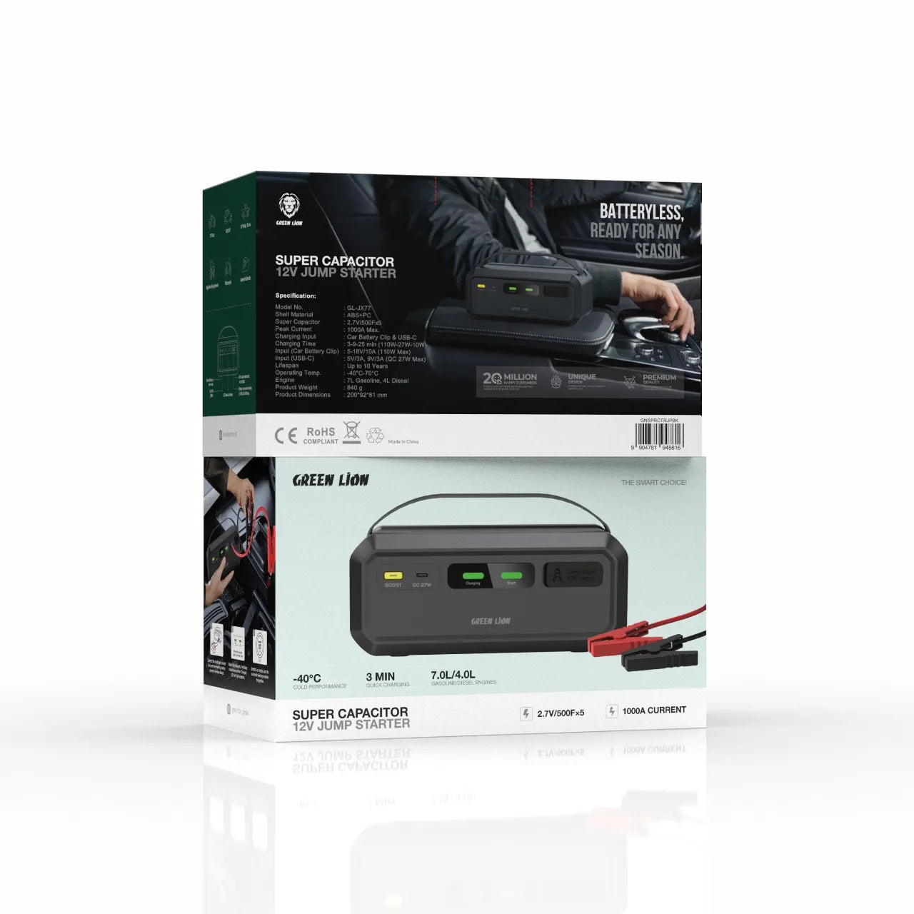 Green Lion Super Capacitor 12V Car Jump Starter 1000A QC 27W – Black
