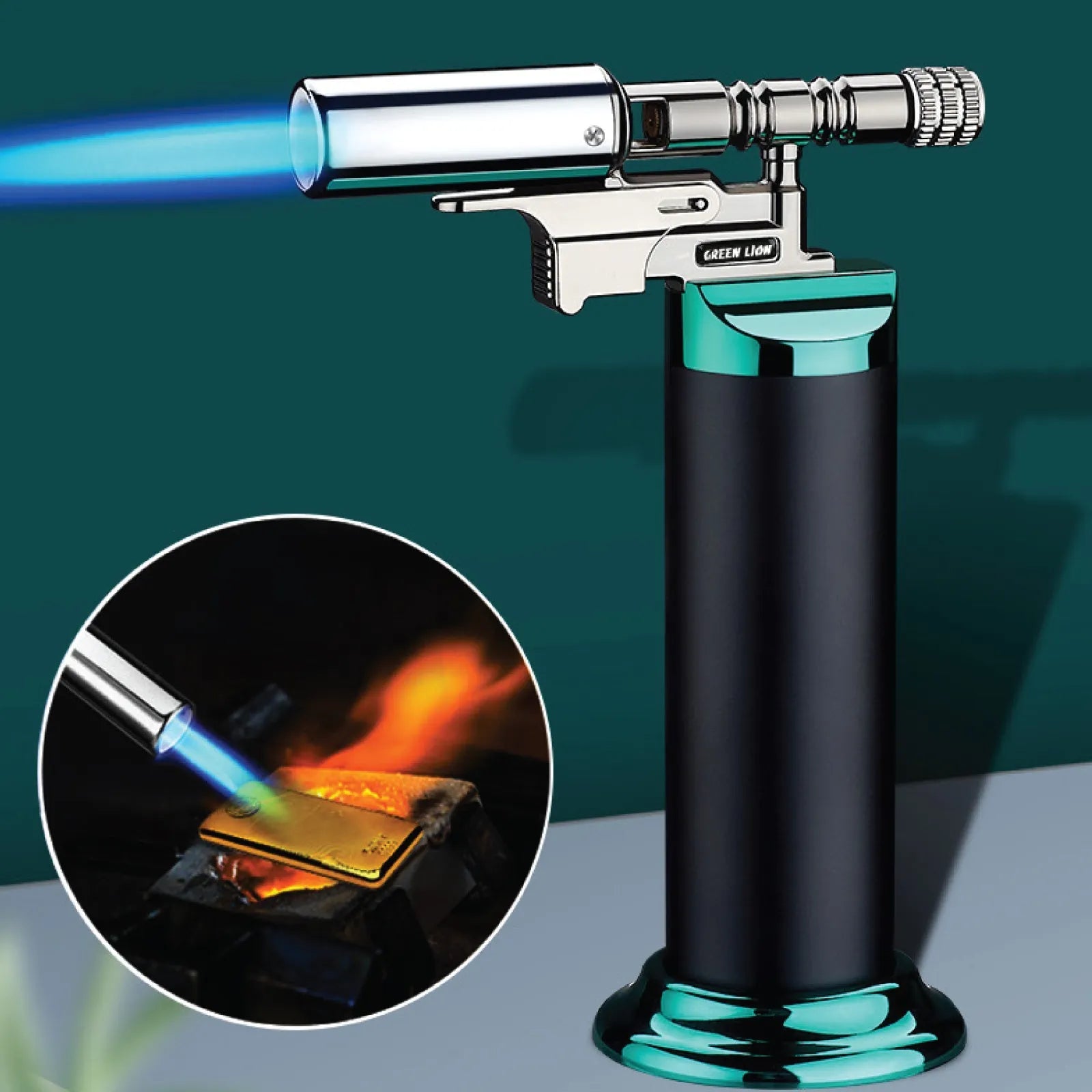 ولاعة Green Lion Jet Flame Pro مقاومة للهواء قابلة لإعادة التعبئة حتى 1300°C – أسود وأخضر