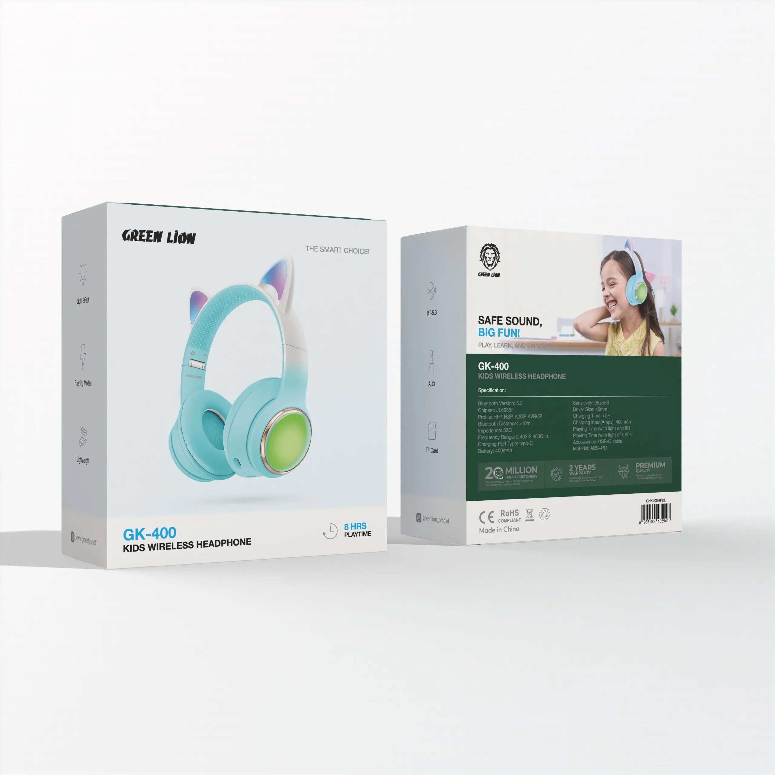 سماعات الأطفال اللاسلكية Green Lion GK-400 بتصميم Cat Ear وإضاءة RGB – أزرق / بنفسجي