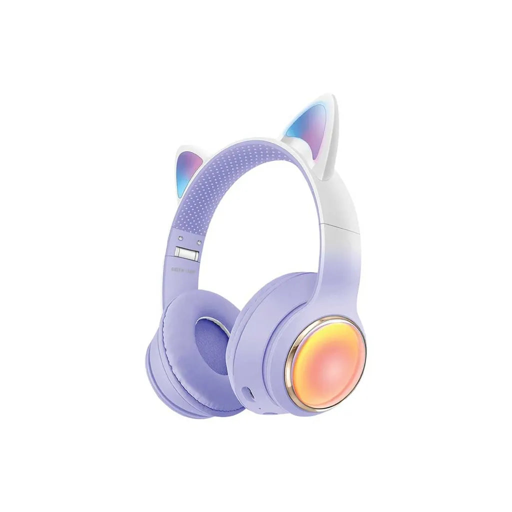 سماعات الأطفال اللاسلكية Green Lion GK-400 بتصميم Cat Ear وإضاءة RGB – أزرق / بنفسجي