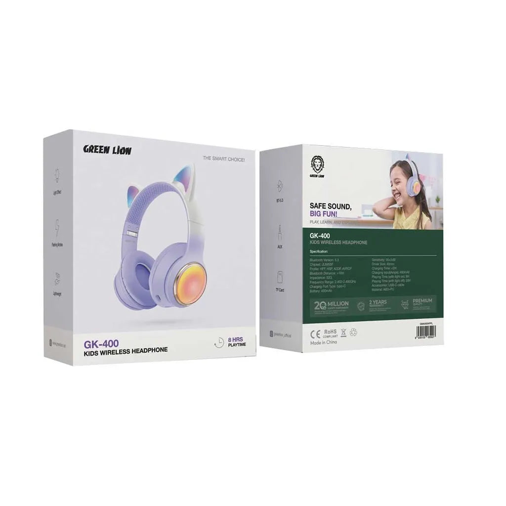سماعات الأطفال اللاسلكية Green Lion GK-400 بتصميم Cat Ear وإضاءة RGB – أزرق / بنفسجي