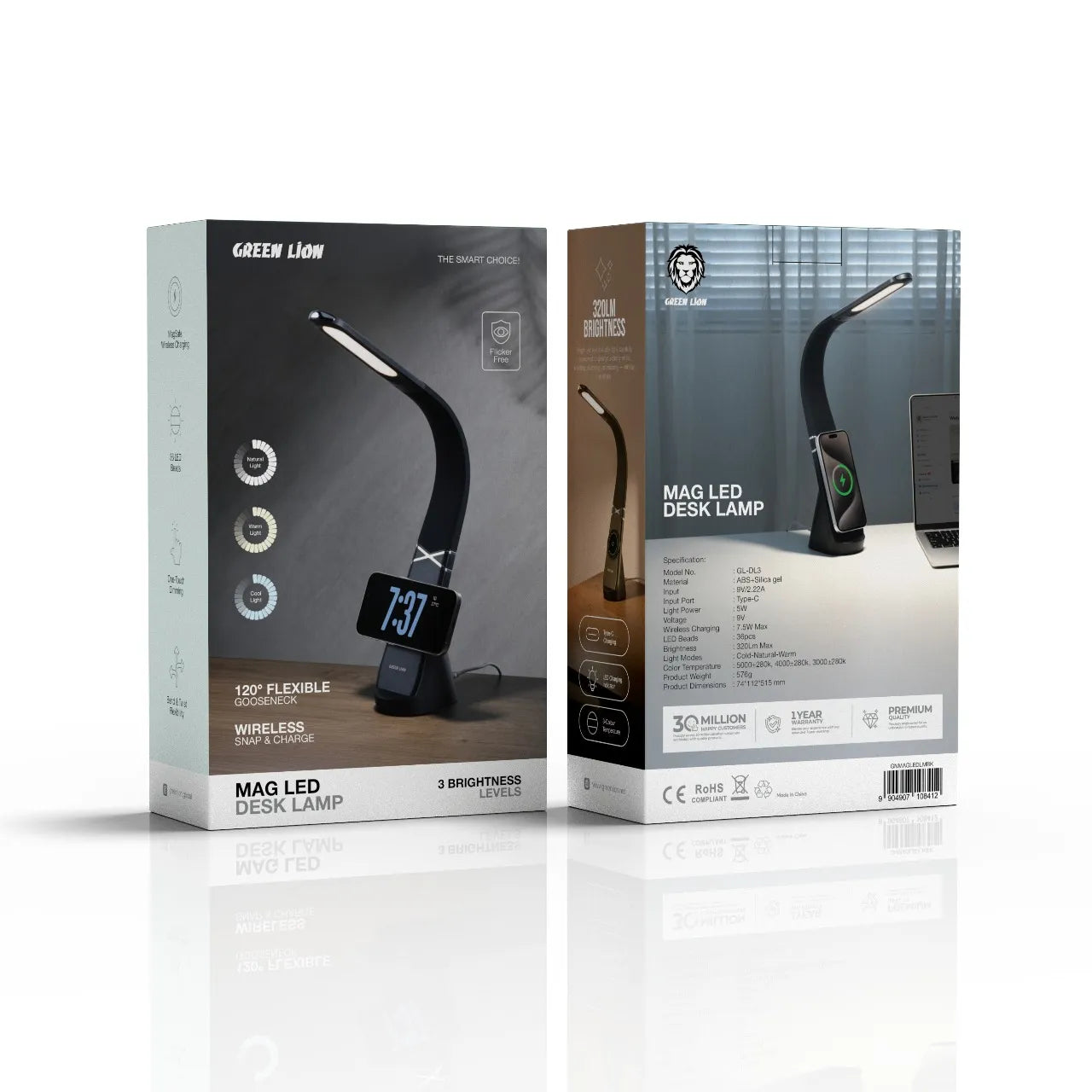 Green Lion Mag LED Desk Lamp with Wireless Charging & Flexible Gooseneck – Black