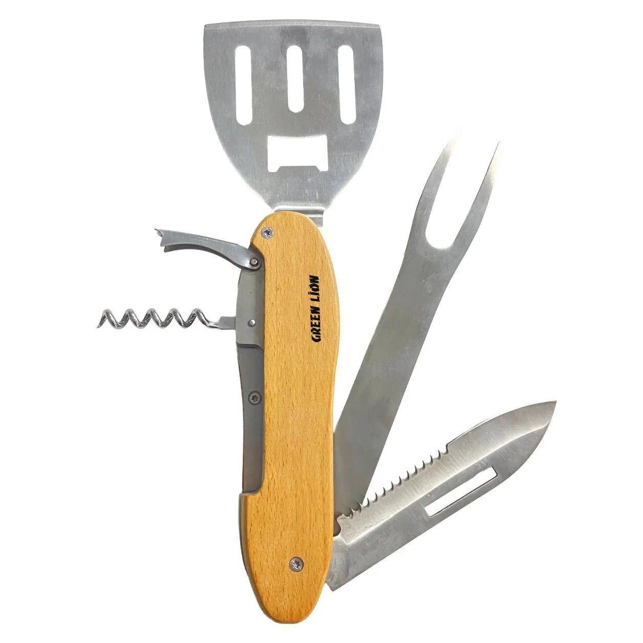 عدة Green Lion Multifunction BBQ Tool Set للشواء 5 في 1 قابلة للطي – خشبي