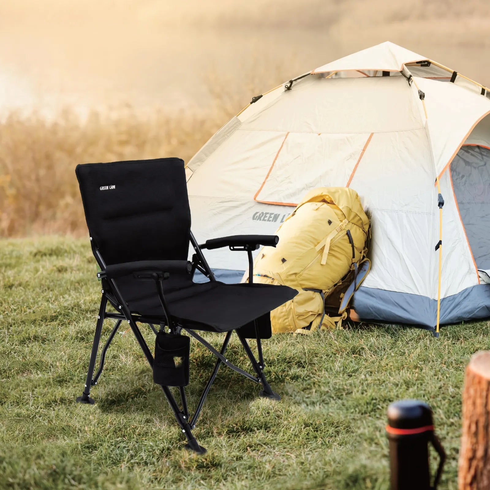 كرسي Green Lion Outdoor Camping Chair القابل للطي للتخييم مع حامل زجاجة – أسود