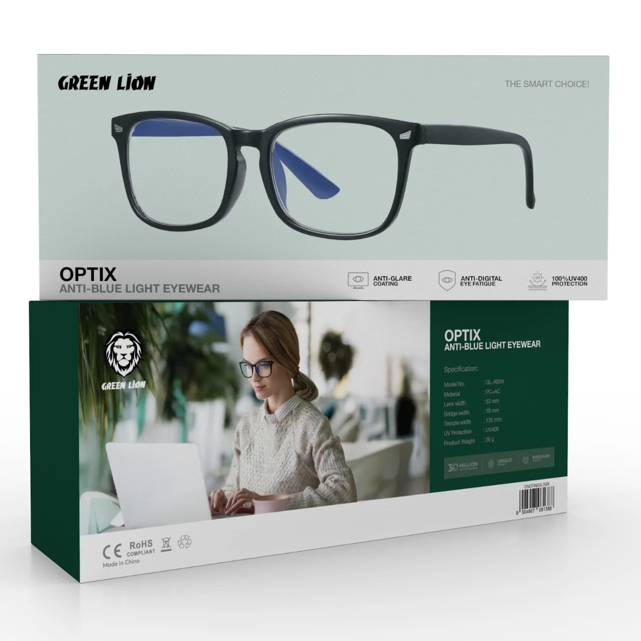 نظارة Green Lion Optix للحماية من الضوء الأزرق مع UV400 ومضاد للانعكاس – أسود