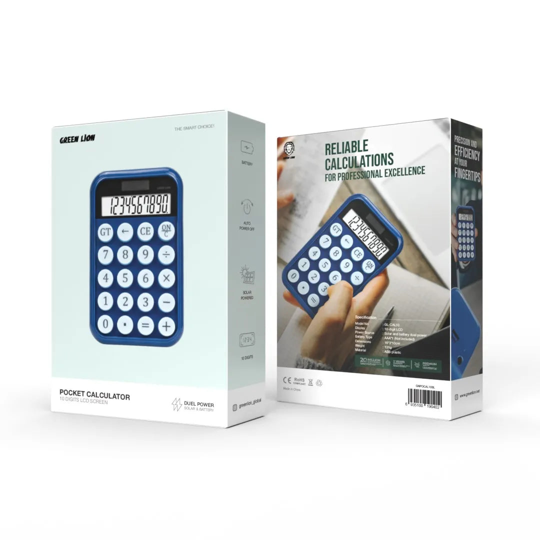 آلة حاسبة Green Lion Pocket Calculator بشاشة LCD 10 أرقام وطاقة مزدوجة – أزرق
