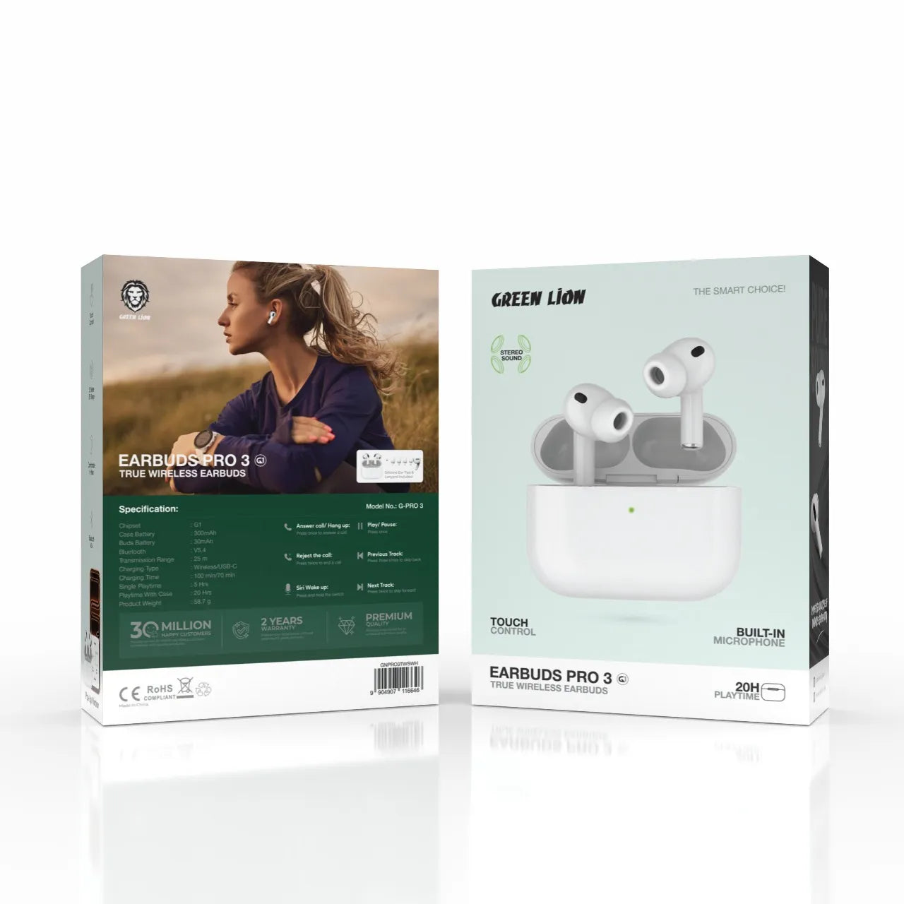 سماعات Green Lion Earbuds Pro 3 اللاسلكية مع Touch Control ونافذة Pop-Up – أبيض