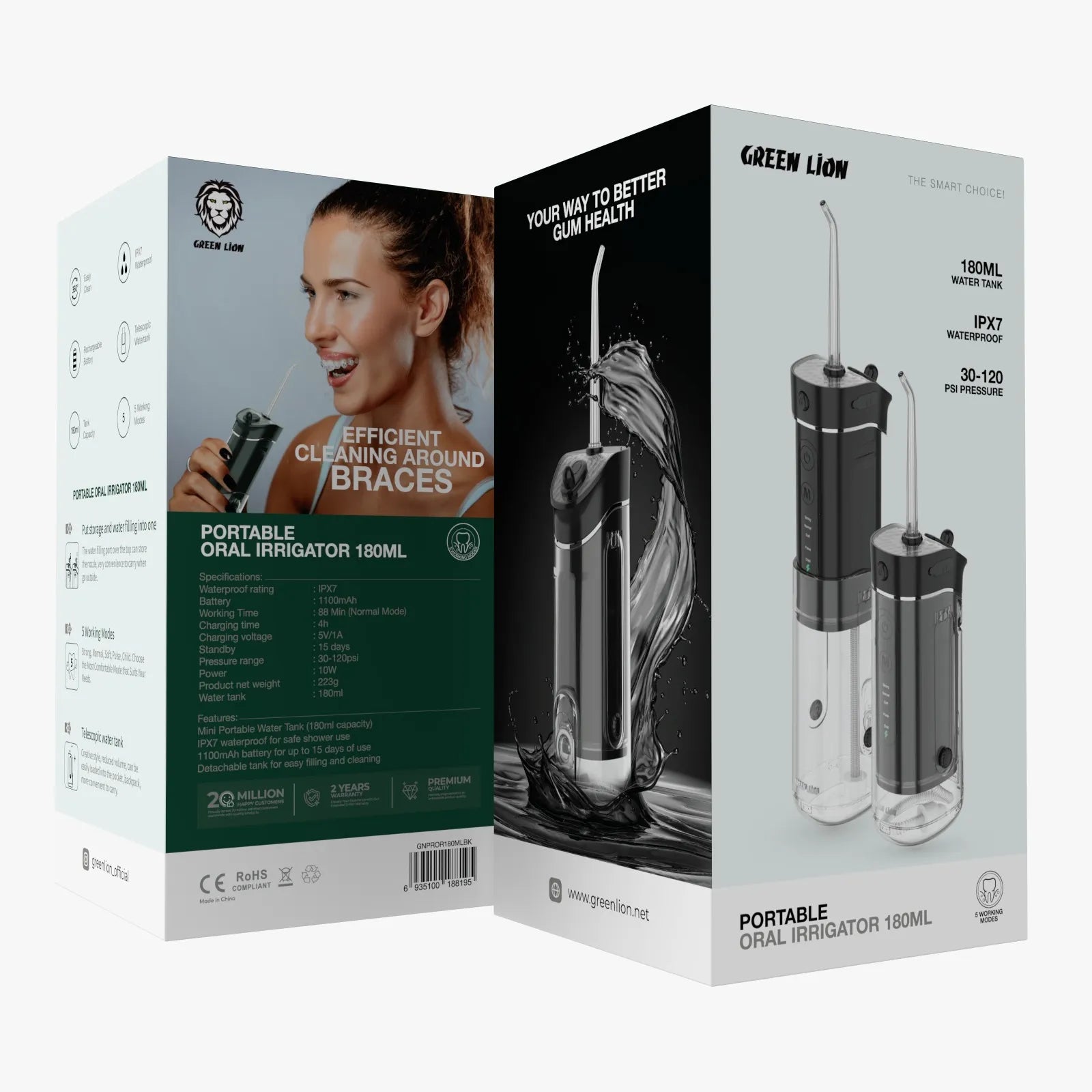جهاز Green Lion Portable Oral Irrigator لتنظيف الأسنان بالماء 180ML مقاوم للماء IPX7 – أسود / أبيض