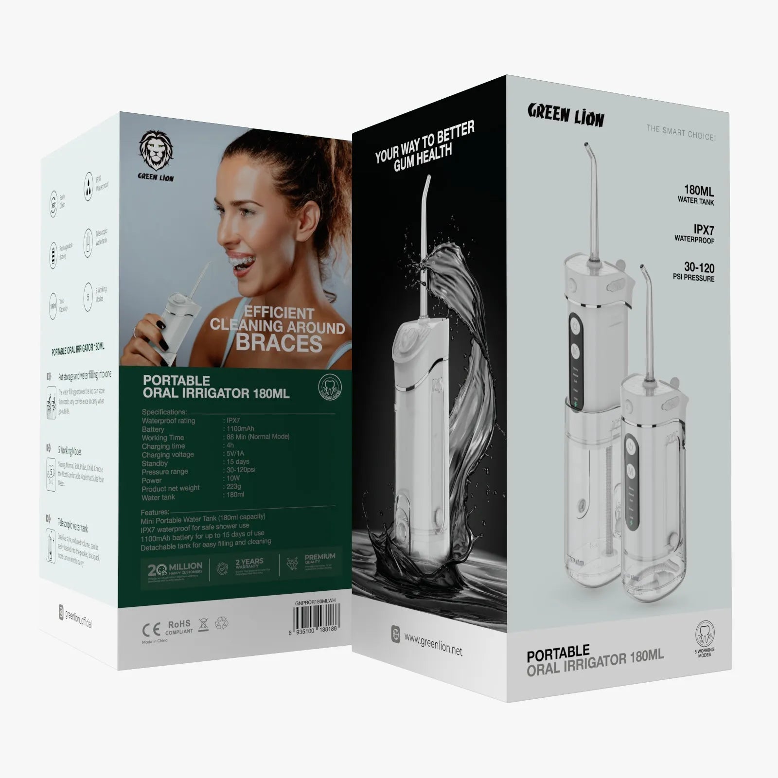 جهاز Green Lion Portable Oral Irrigator لتنظيف الأسنان بالماء 180ML مقاوم للماء IPX7 – أسود / أبيض