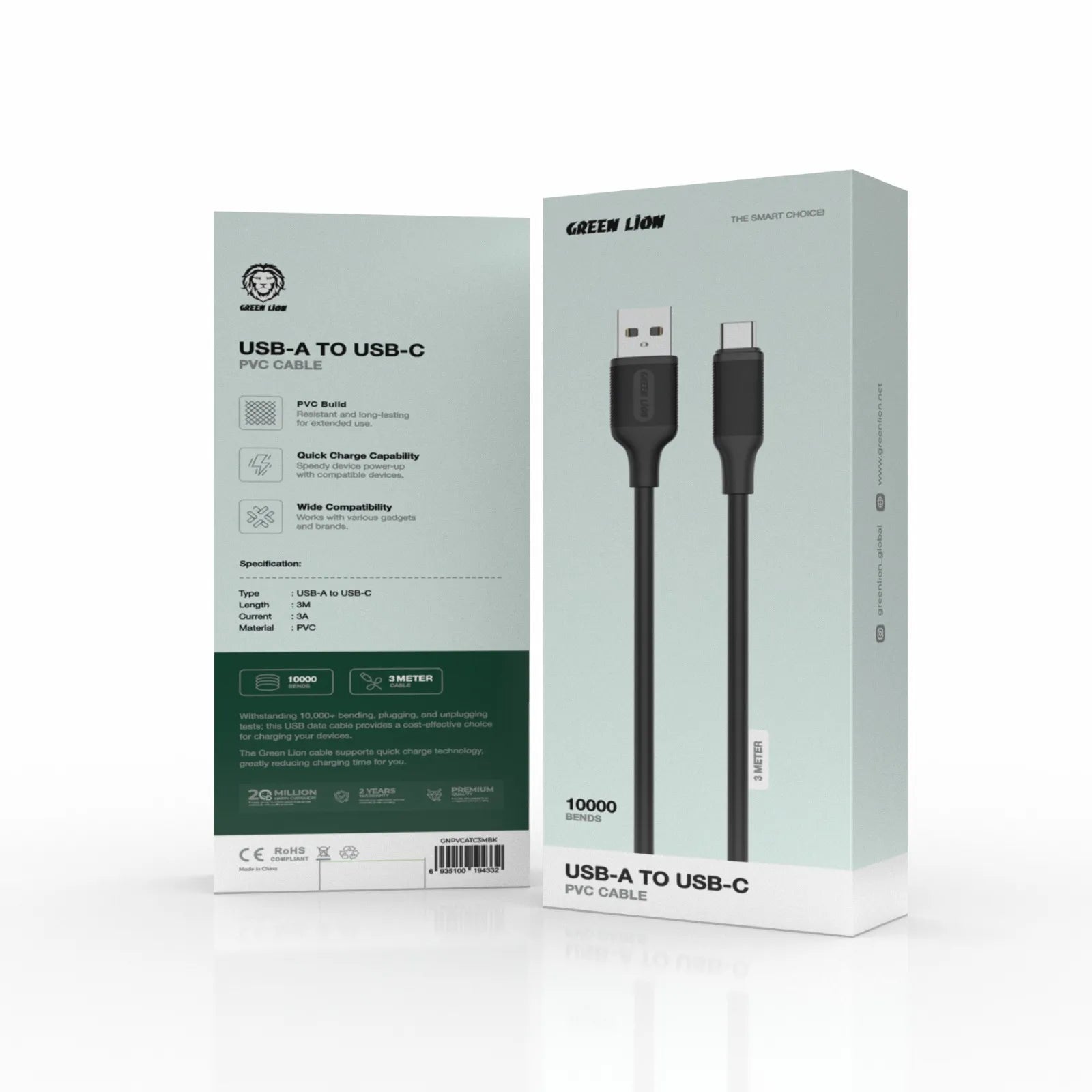 Green Lion USB-A to USB-C PVC Charging Cable 3M 3A Fast Charge – Black