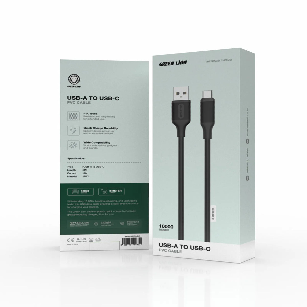 Green Lion USB-A to USB-C PVC Charging Cable 3M 3A Fast Charge – Black-2
