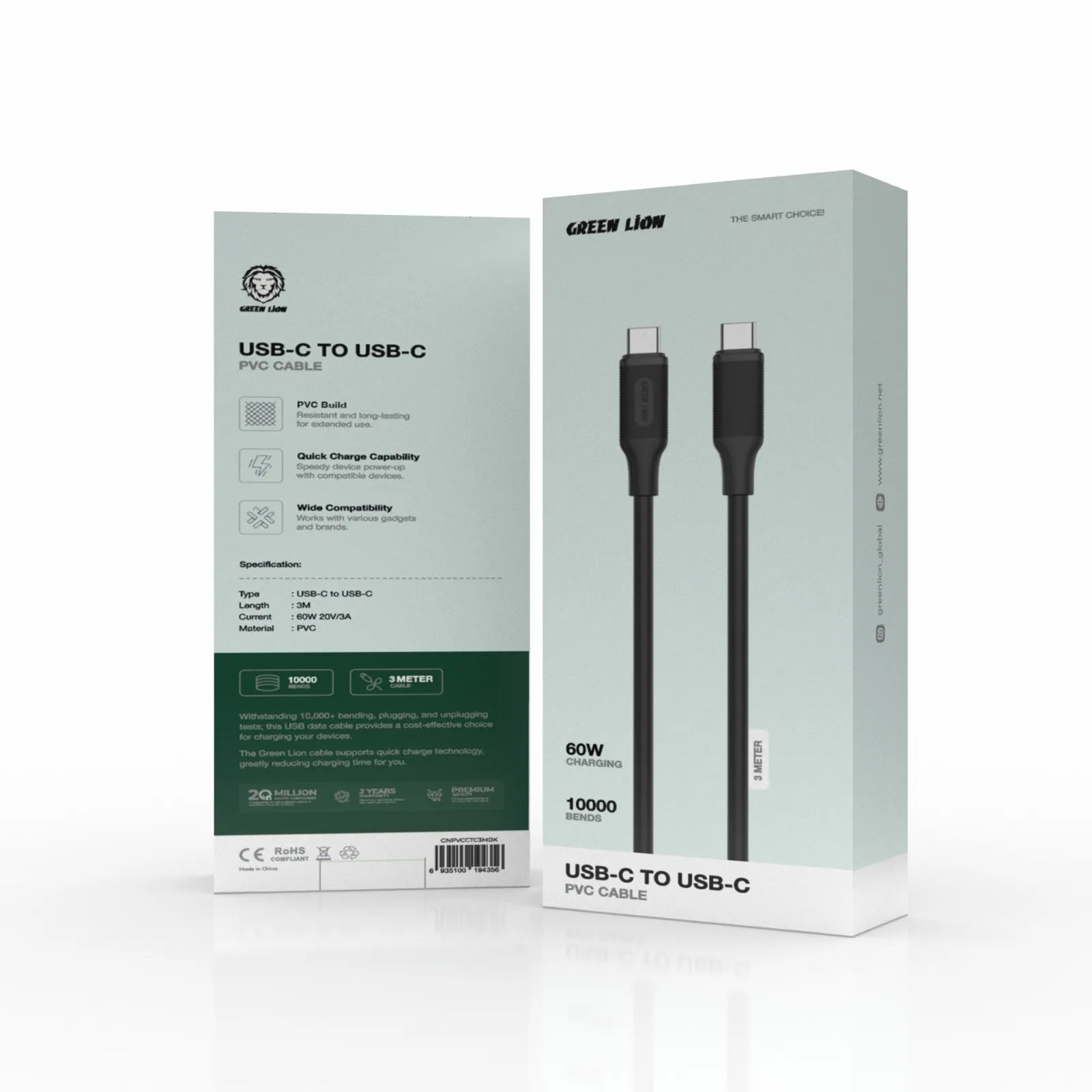 Green Lion USB-C to USB-C PVC Charging Cable 3M 60W Fast Charge – Black