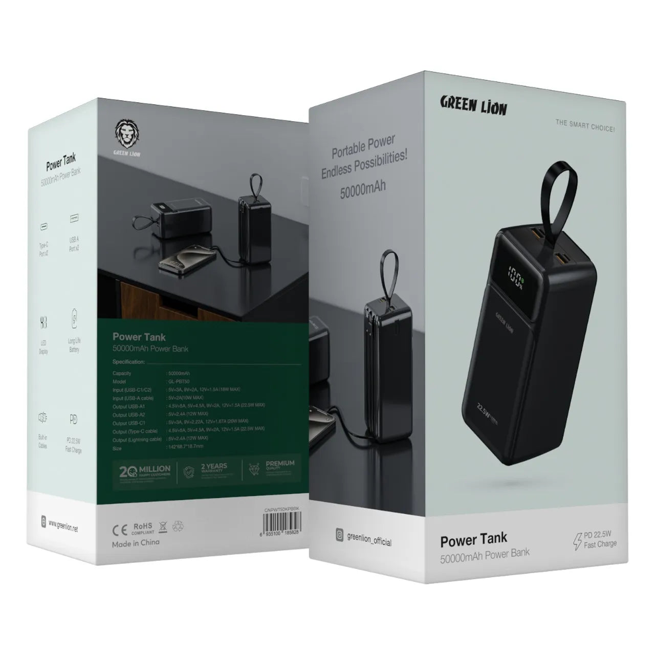 باور بانك Green Lion Power Tank بسعة 50000mAh وشحن سريع PD 22.5W – أسود