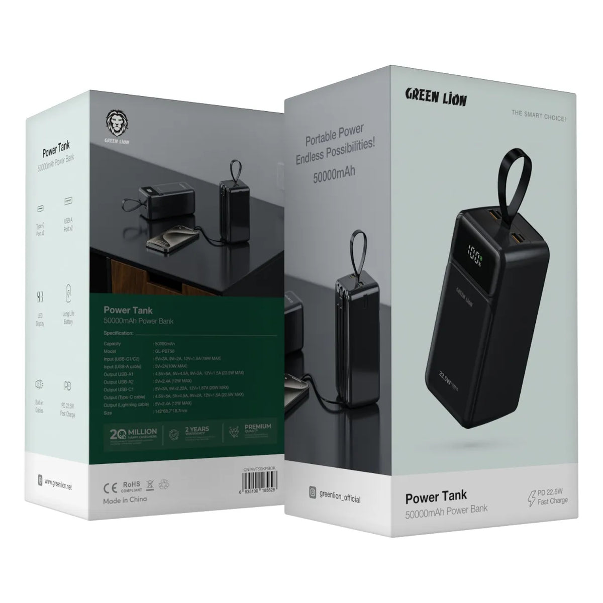Green Lion Power Tank 50000mAh Power Bank PD 22.5W Fast Charging – Black
