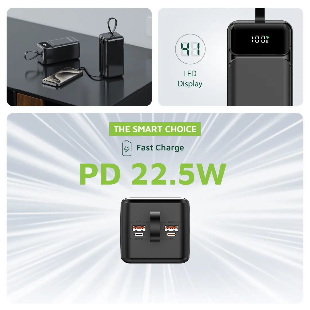 باور بانك Green Lion Power Tank بسعة 50000mAh وشحن سريع PD 22.5W – أسود