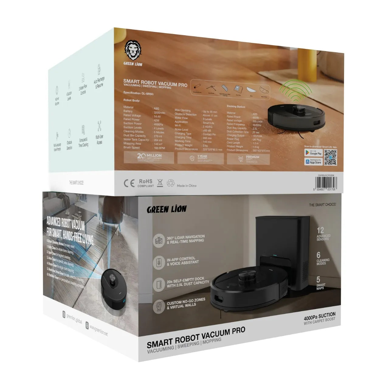 Green Lion Smart Robot Vacuum Pro with Self-Empty Dock & LiDAR Navigation – Black