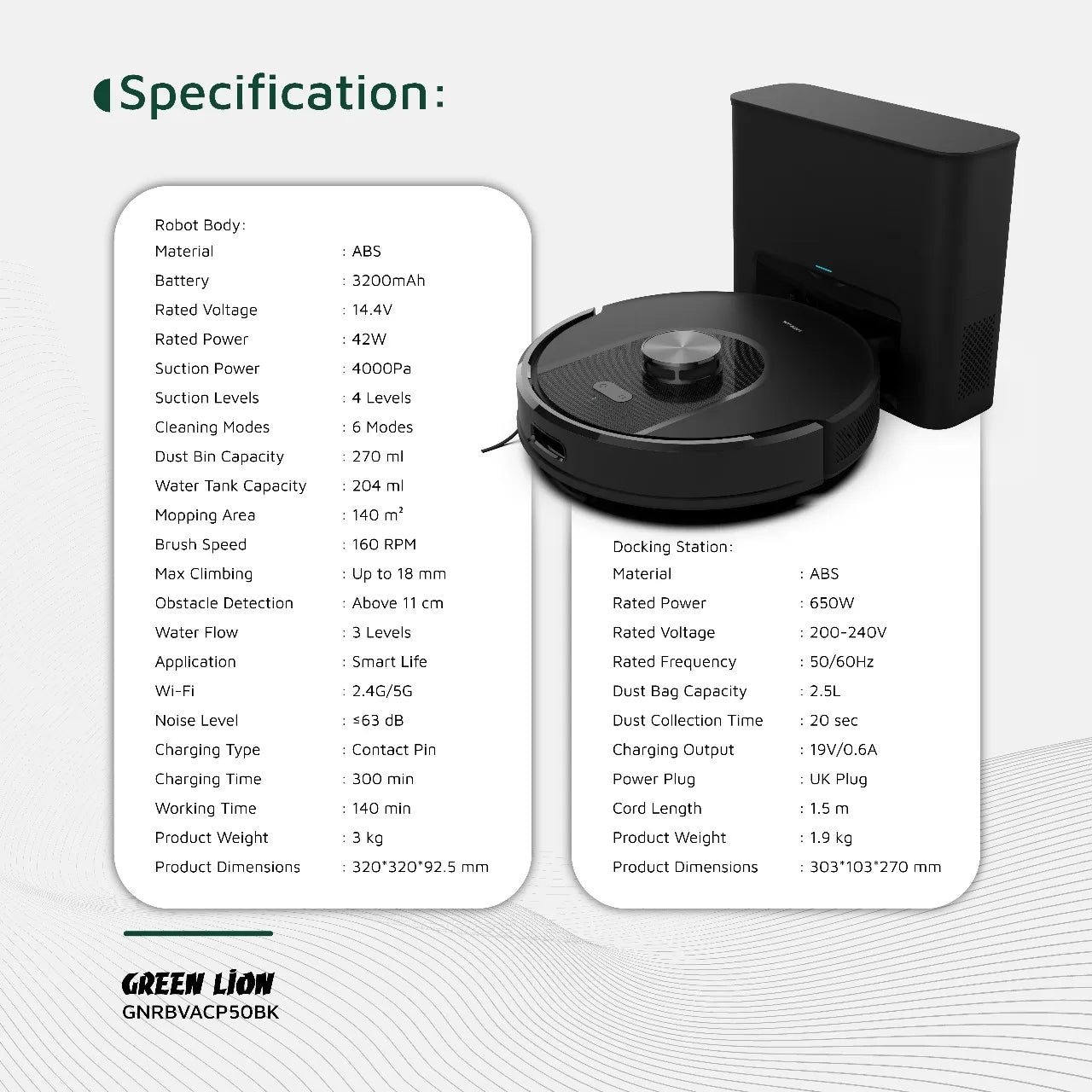 Green Lion Smart Robot Vacuum Pro with Self-Empty Dock & LiDAR Navigation – Black
