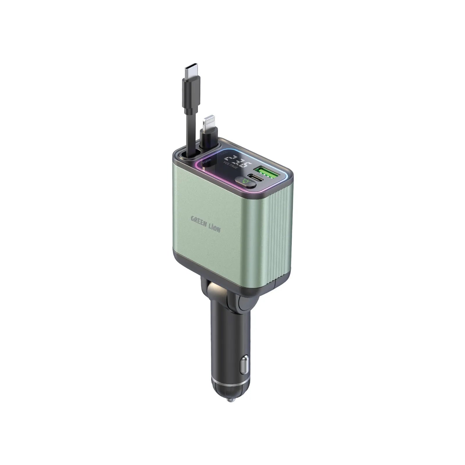 شاحن سيارة Green Lion Retractable بقوة 90W مع شحن سريع PD 65W وكابلين مدمجين قابلين للسحب – أخضر