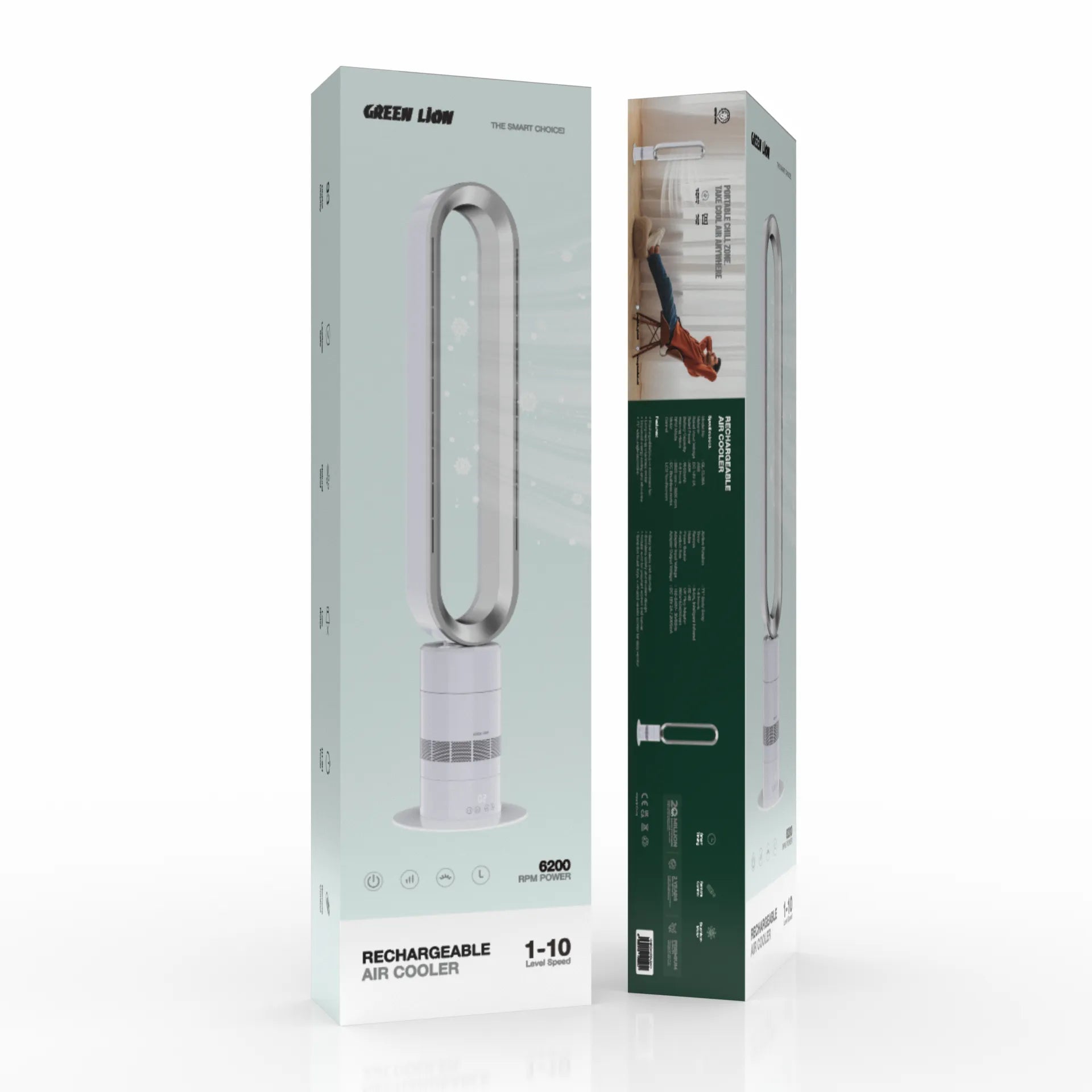 مبرد الهواء Green Lion القابل لإعادة الشحن بسرعة 1-10 ومستوى دوران 6200RPM – أبيض