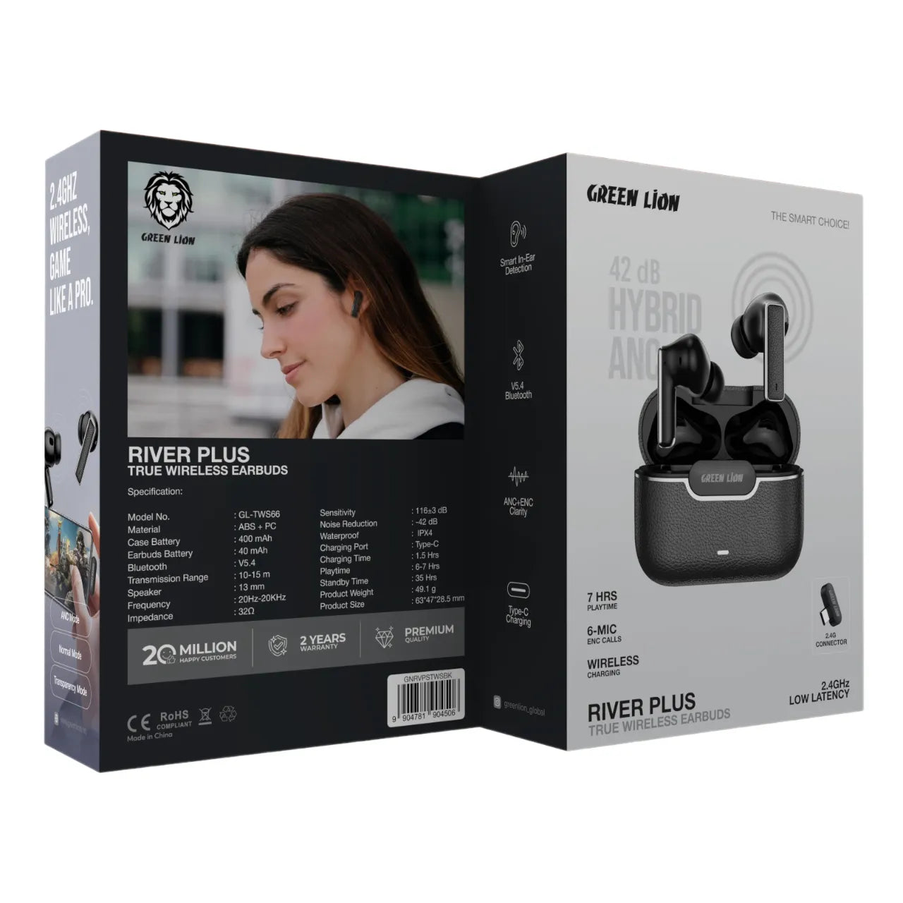 Green Lion River Plus True Wireless Earbuds with Hybrid ANC & ENC Calls – Black