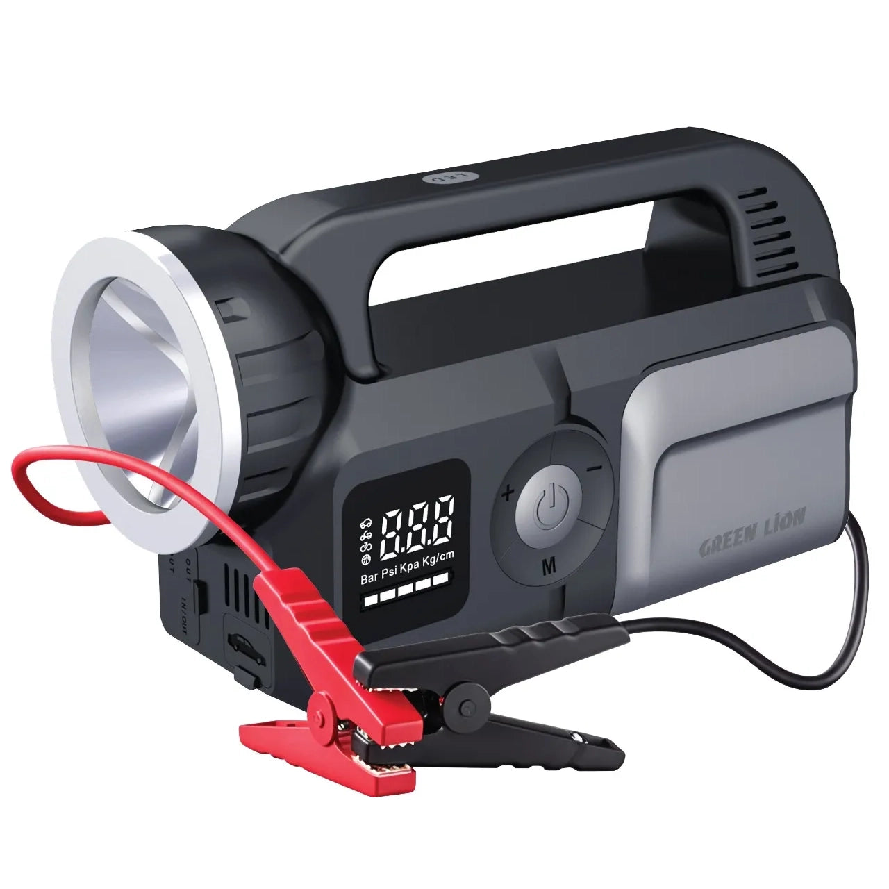 جهاز Green Lion Savior لتشغيل السيارات 12V مع منفاخ هواء 150PSI وباور بانك 24000mAh – أسود