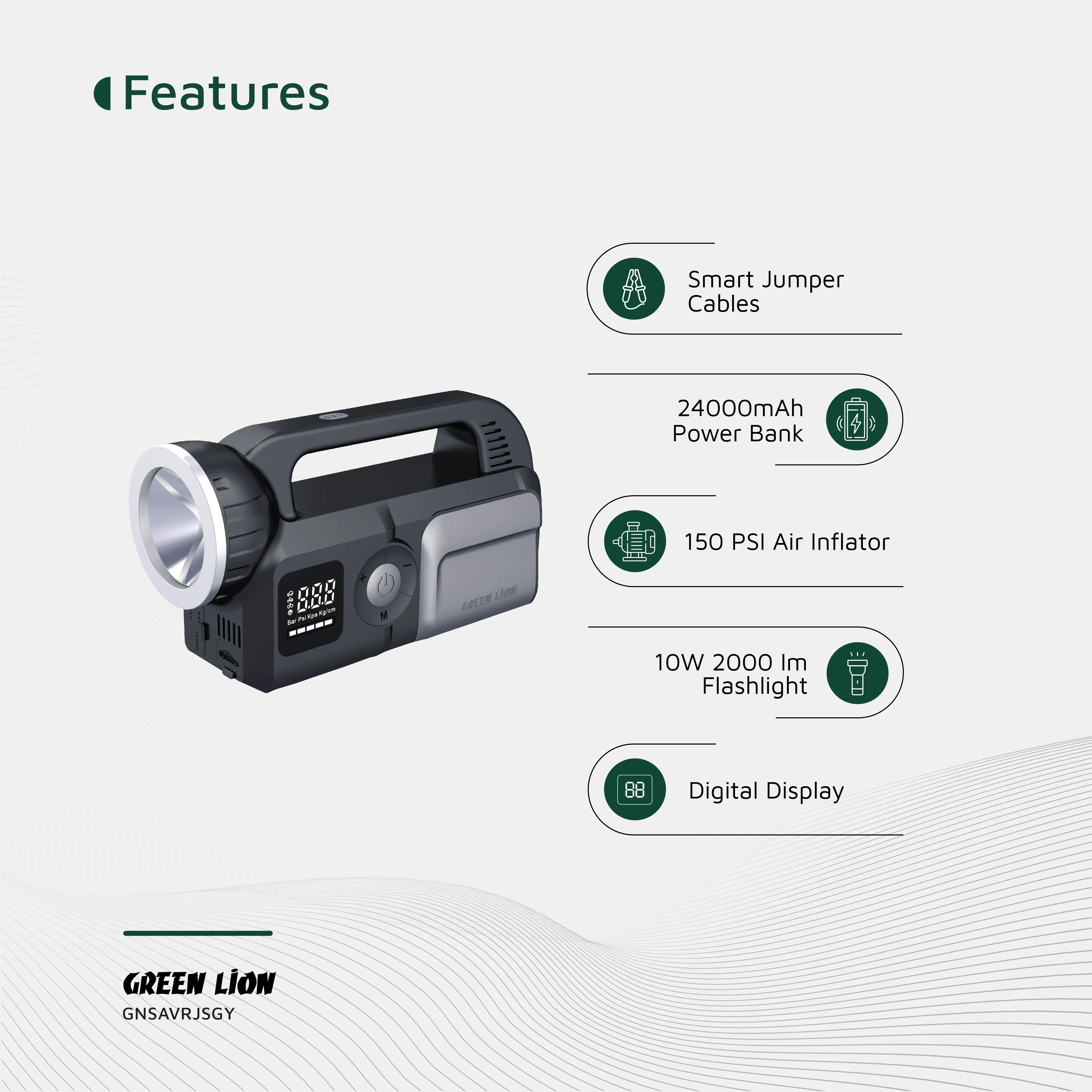 جهاز Green Lion Savior لتشغيل السيارات 12V مع منفاخ هواء 150PSI وباور بانك 24000mAh – أسود