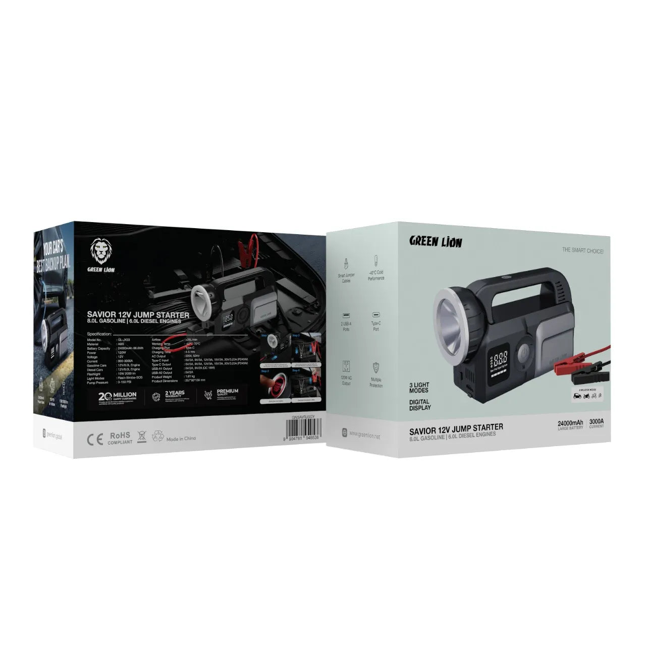 جهاز Green Lion Savior لتشغيل السيارات 12V مع منفاخ هواء 150PSI وباور بانك 24000mAh – أسود