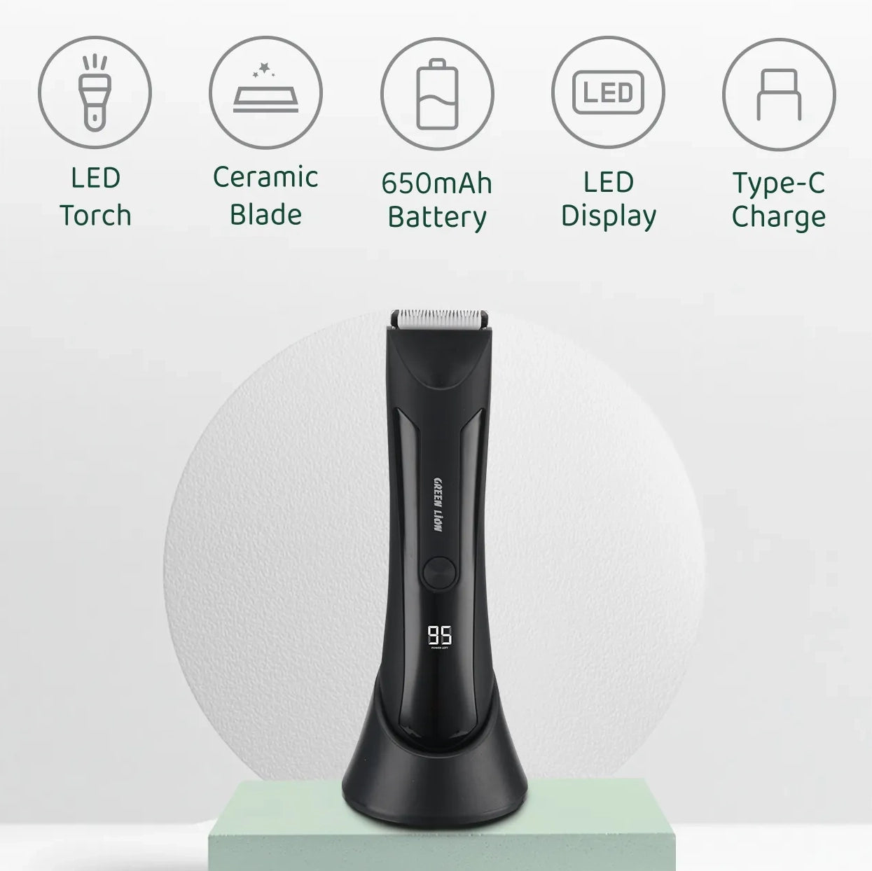 ماكينة Green Lion لتشذيب المناطق الحساسة مع شفرة سيراميك وشاشة LED – أسود