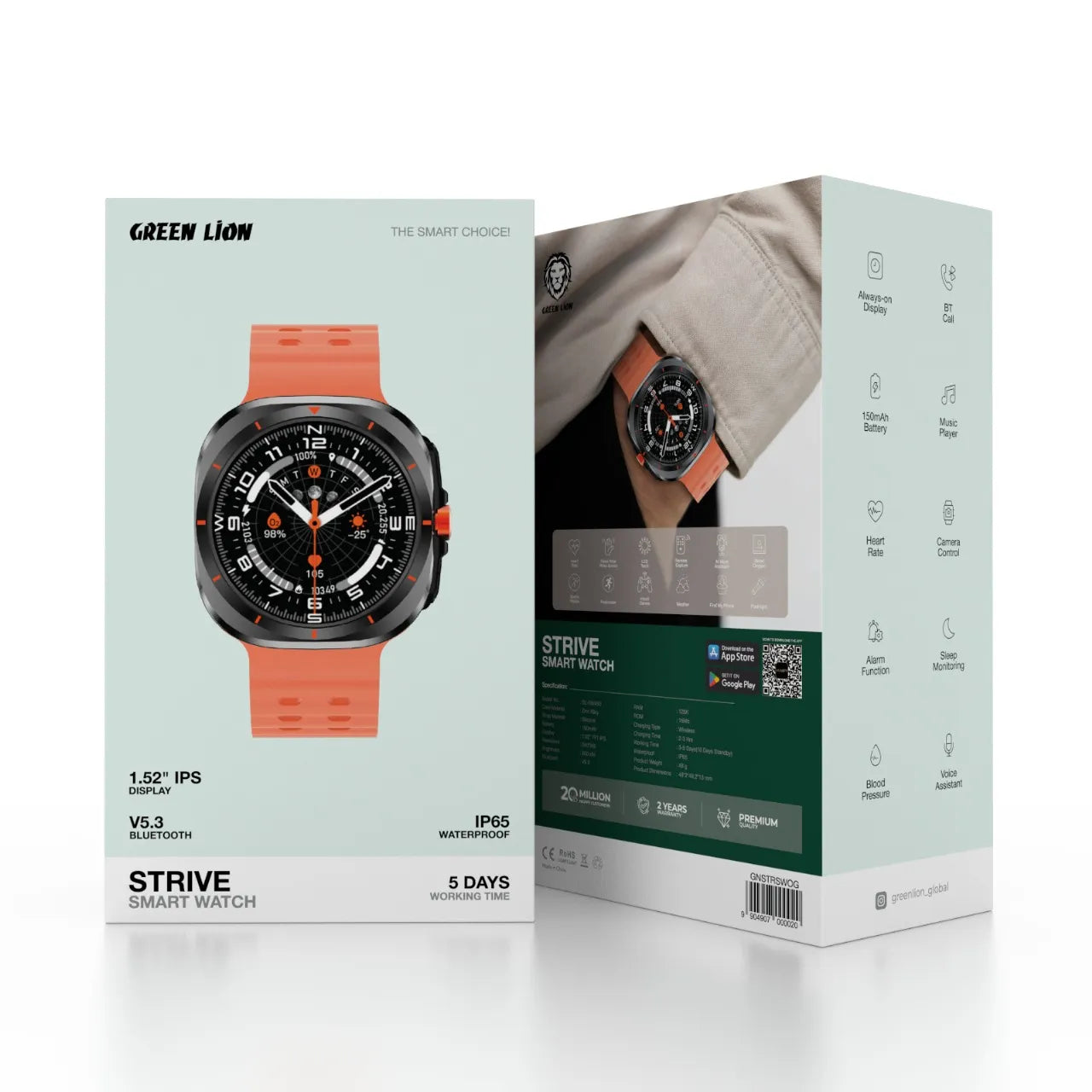 Green Lion Strive Smart Watch 1.52" IPS Display Bluetooth Calling IP65 – Orange