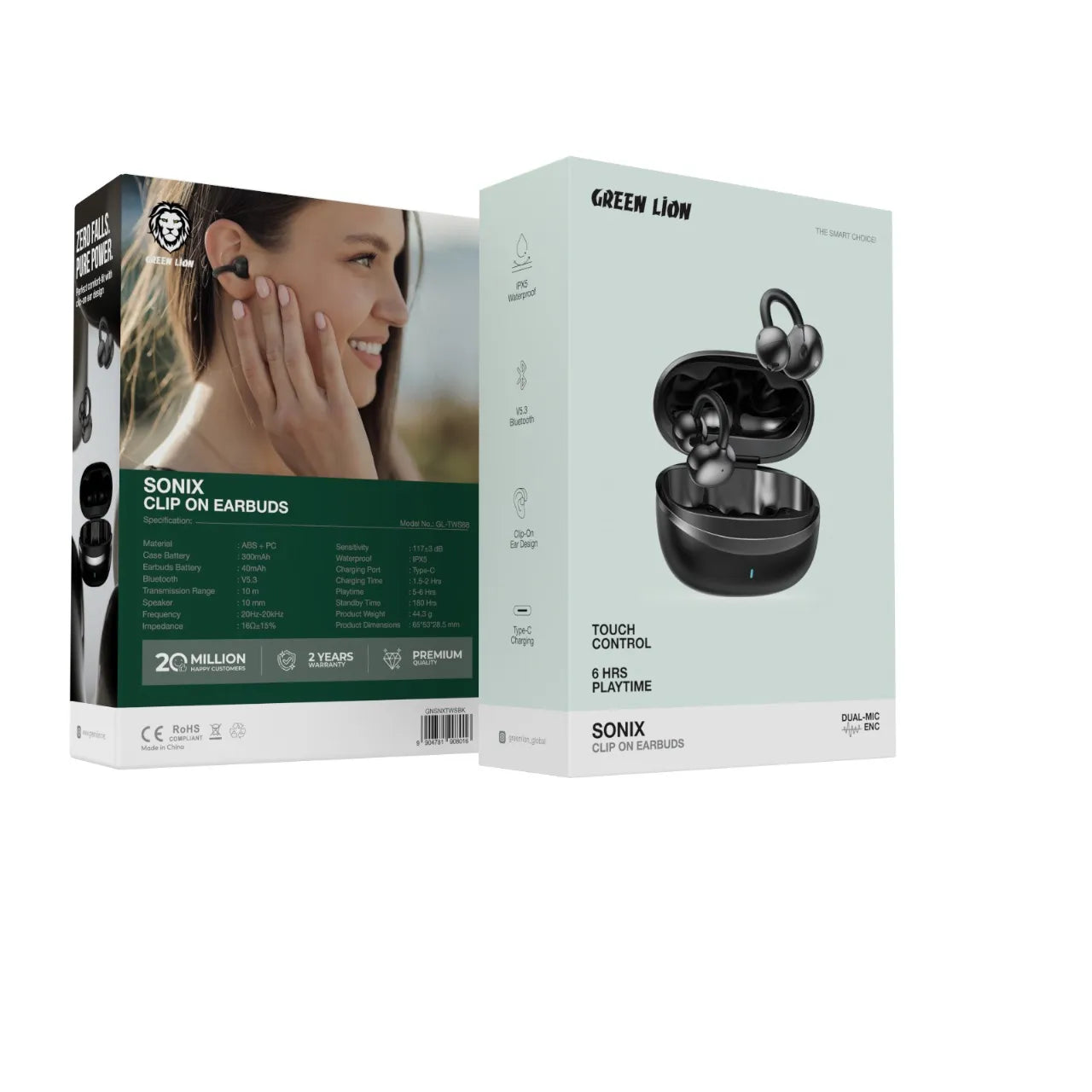 سماعات Green Lion Sonix Clip-On اللاسلكية مع ENC وتحكم باللمس – ألوان متعددة