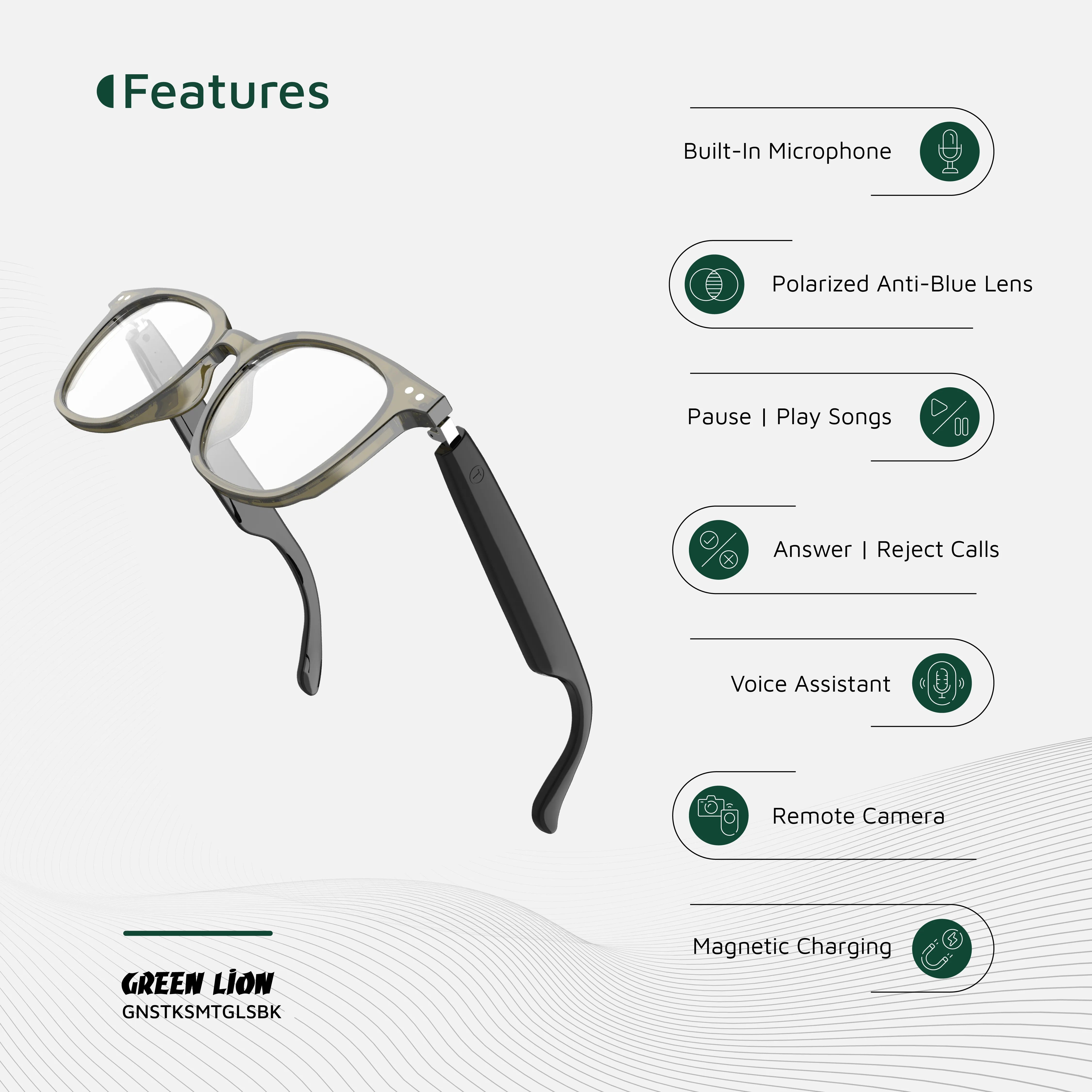 Green Lion Stockholm Smart Glasses with Bluetooth Audio & UV400 Protection – Black