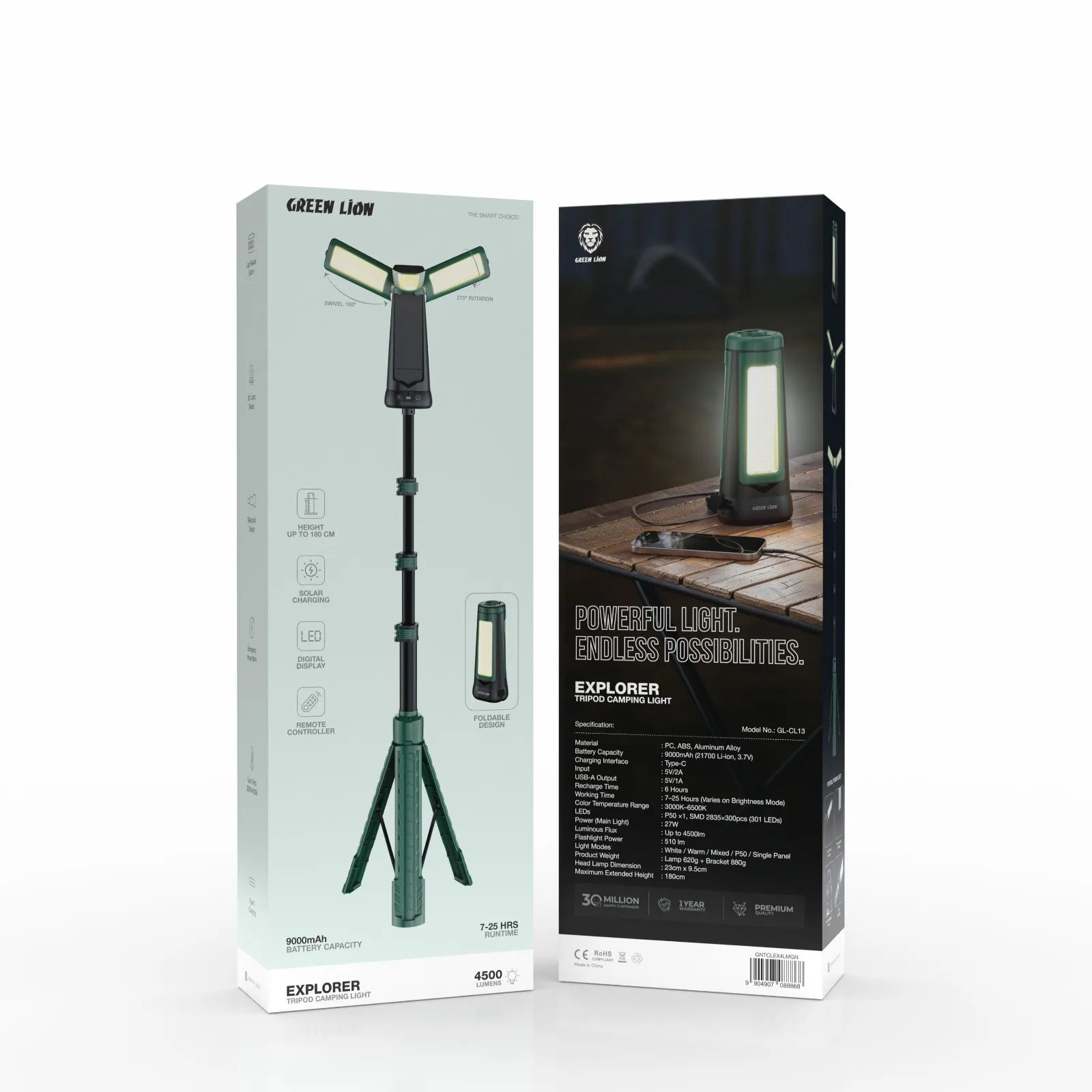كشاف التخييم Green Lion Explorer Tripod بقوة 4500 لومن مع حامل قابل للتمديد – أخضر