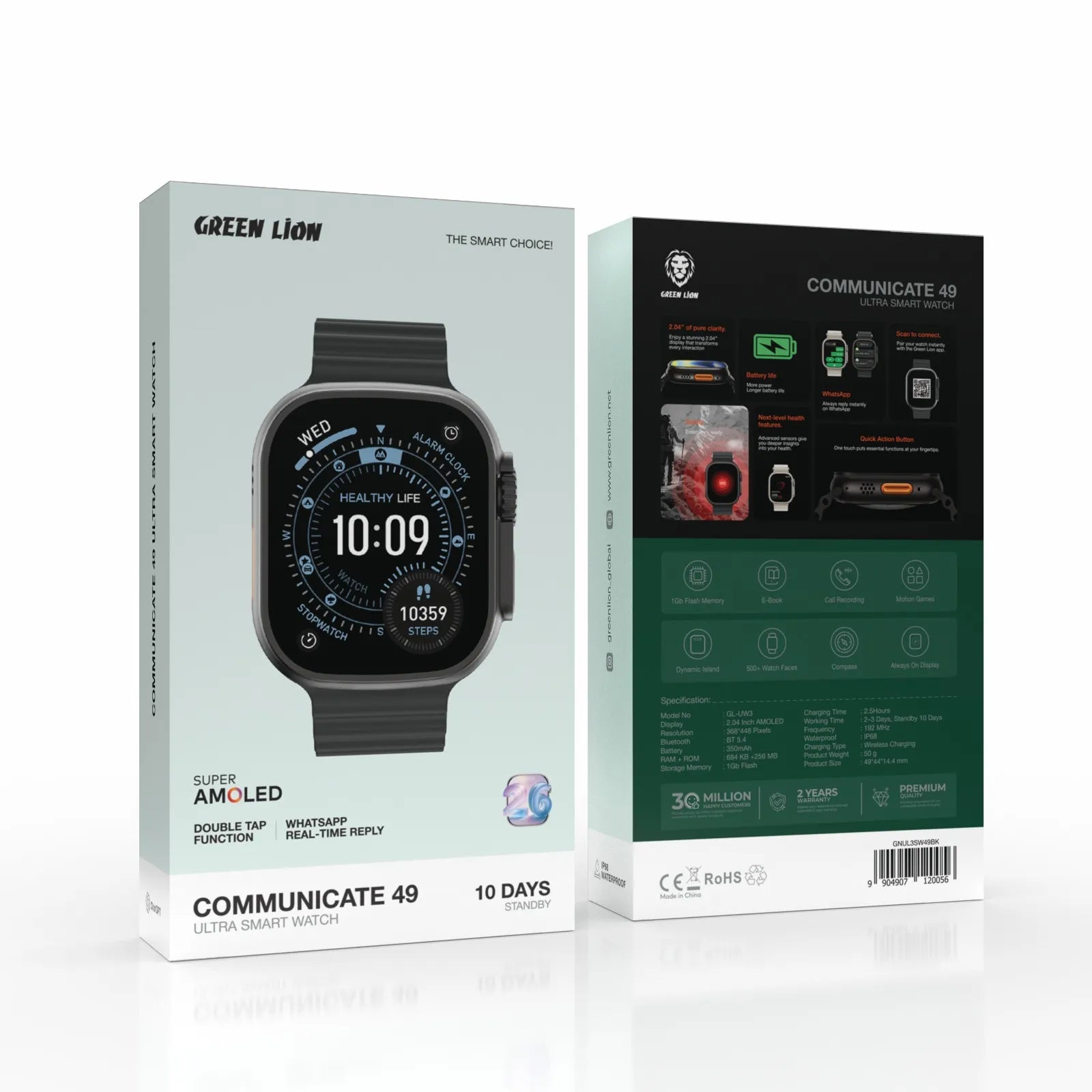 Green Lion Communicate 49 Ultra Smart Watch 2.04" AMOLED Display Bluetooth Calling WhatsApp Reply – Black