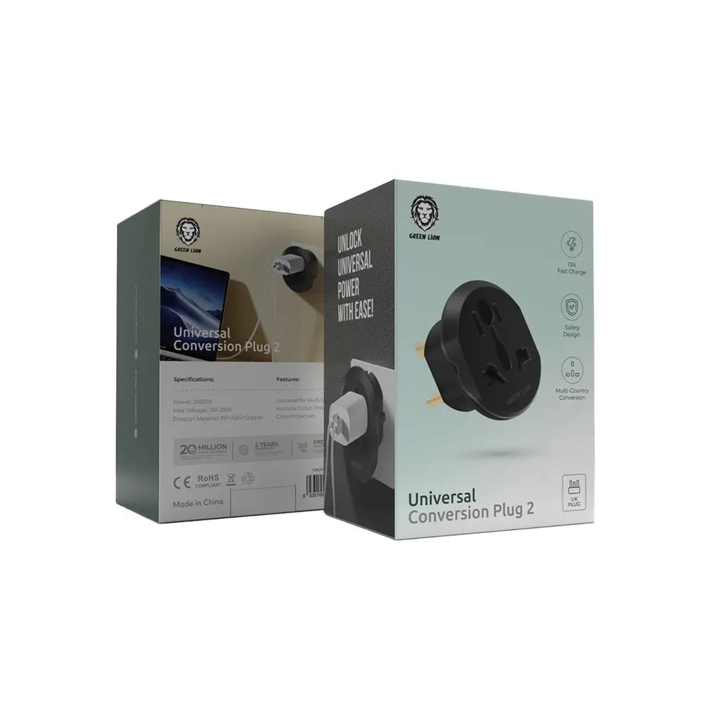 Green Lion Universal Conversion Plug 2 UK Adapter with Multi-Country Support – Black