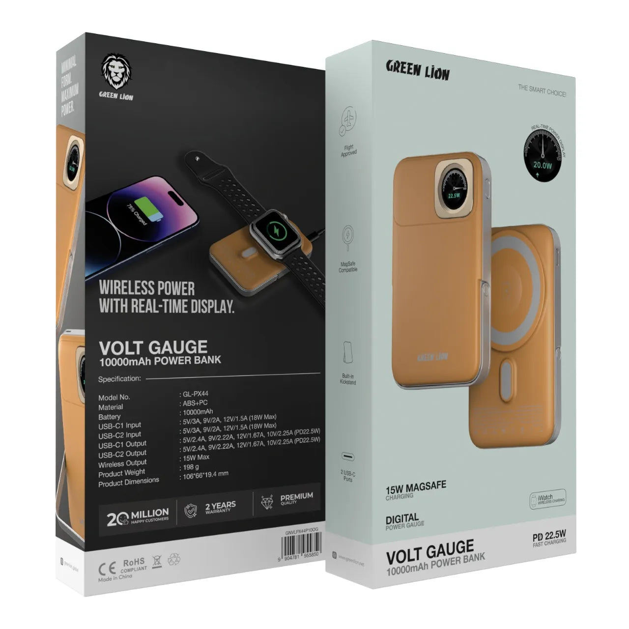 Green Lion Volt Gauge 10000mAh MagSafe Power Bank PD 22.5W with Digital Display – Gold