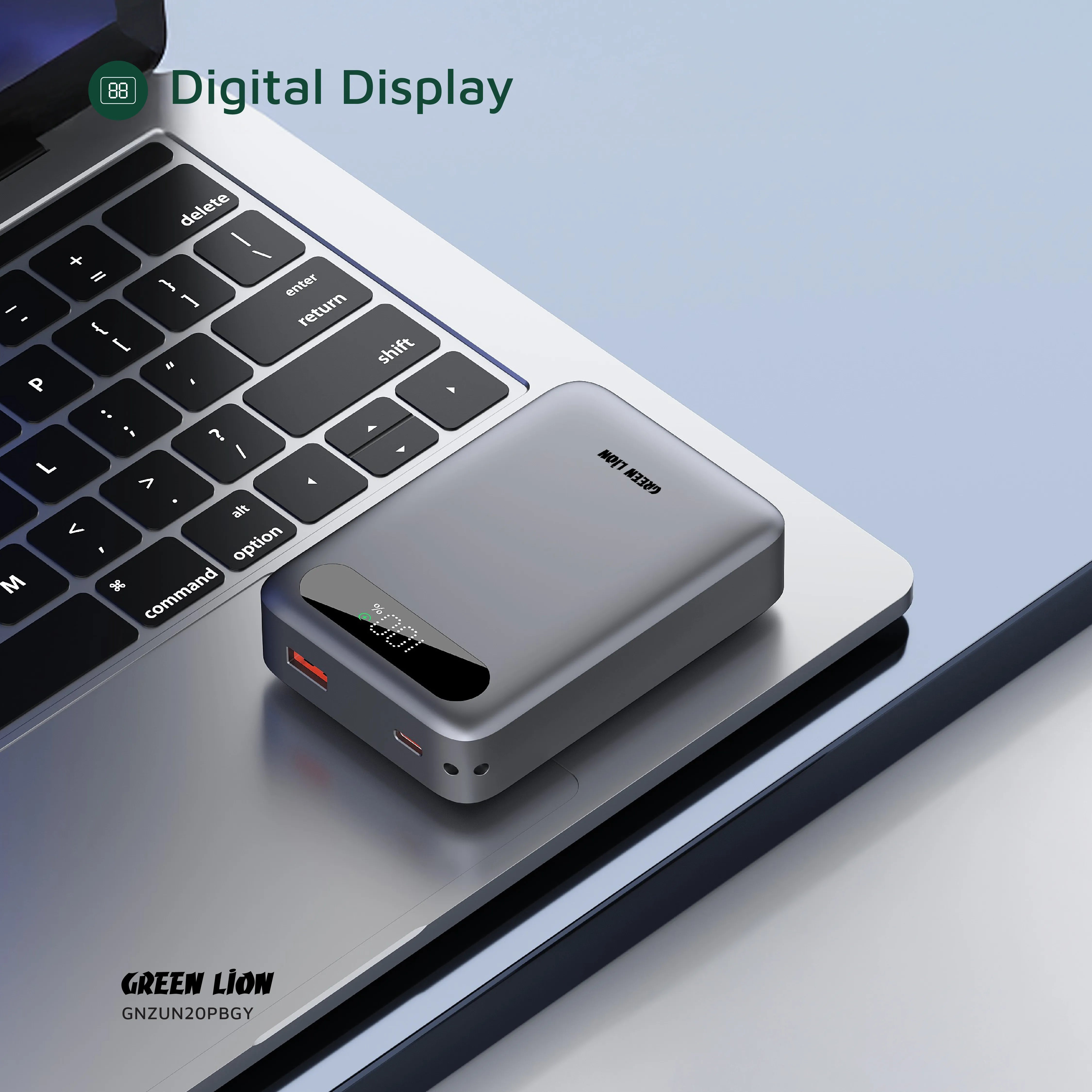 باور بانك Green Lion Zuno سعة 20000mAh بشحن سريع 22.5W وشاشة رقمية – رمادي