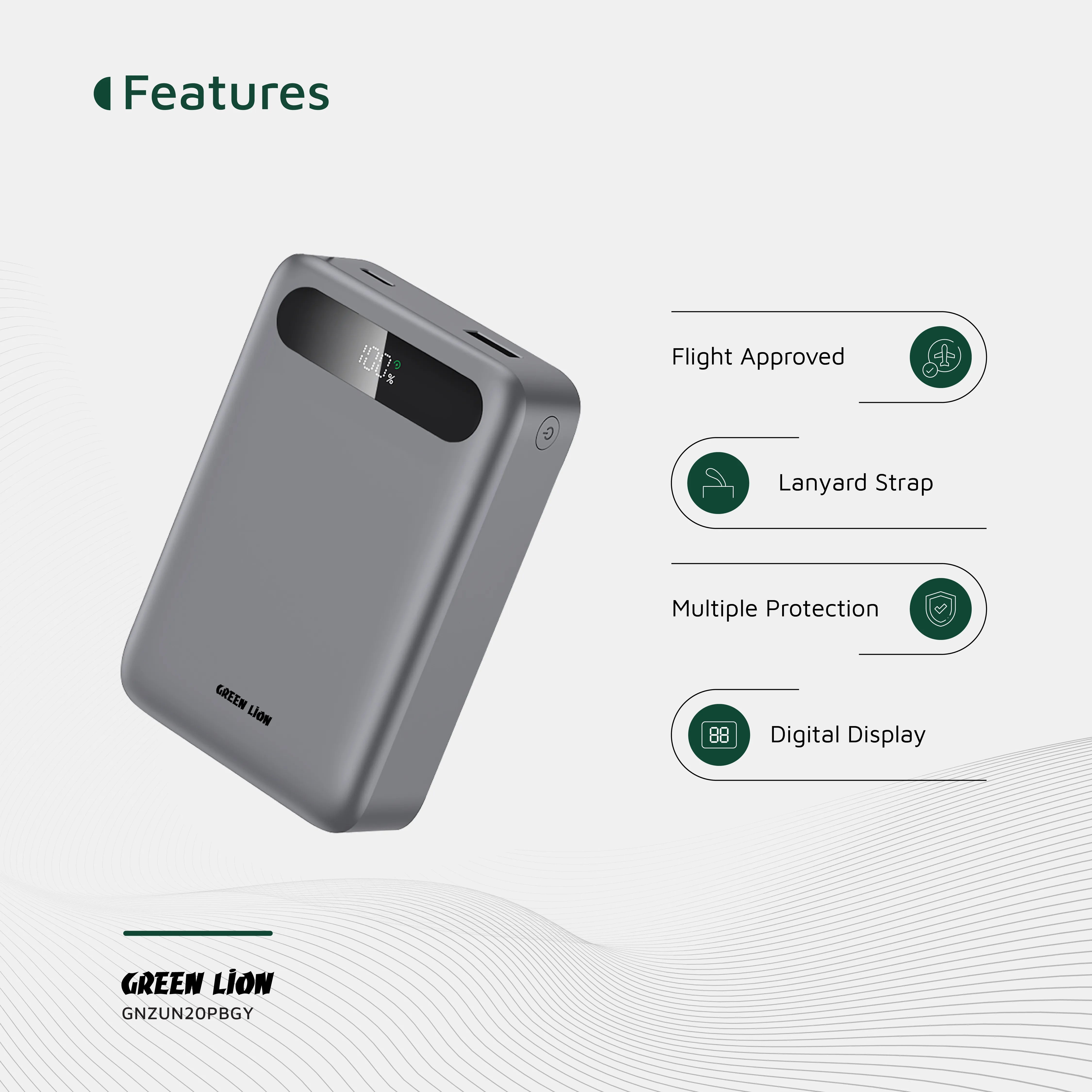 باور بانك Green Lion Zuno سعة 20000mAh بشحن سريع 22.5W وشاشة رقمية – رمادي