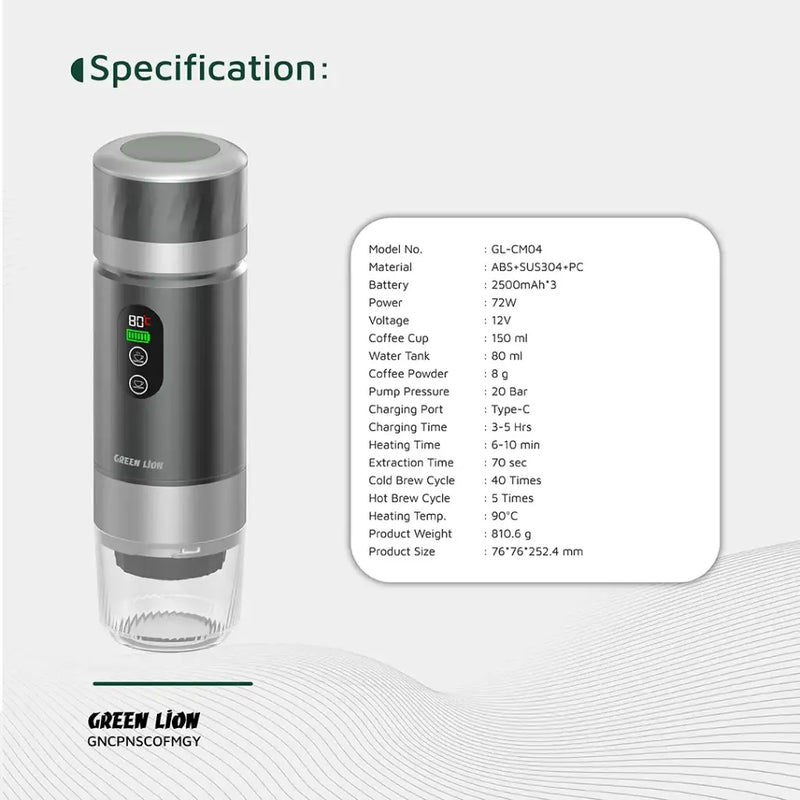 ماكينة قهوة محمولة Green Lion Campinas بسعة 80ml - رمادي-6