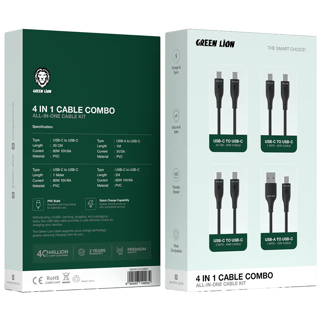 Green Lion 4 IN1 Cable Combo All-In-One Cable Kit - Black