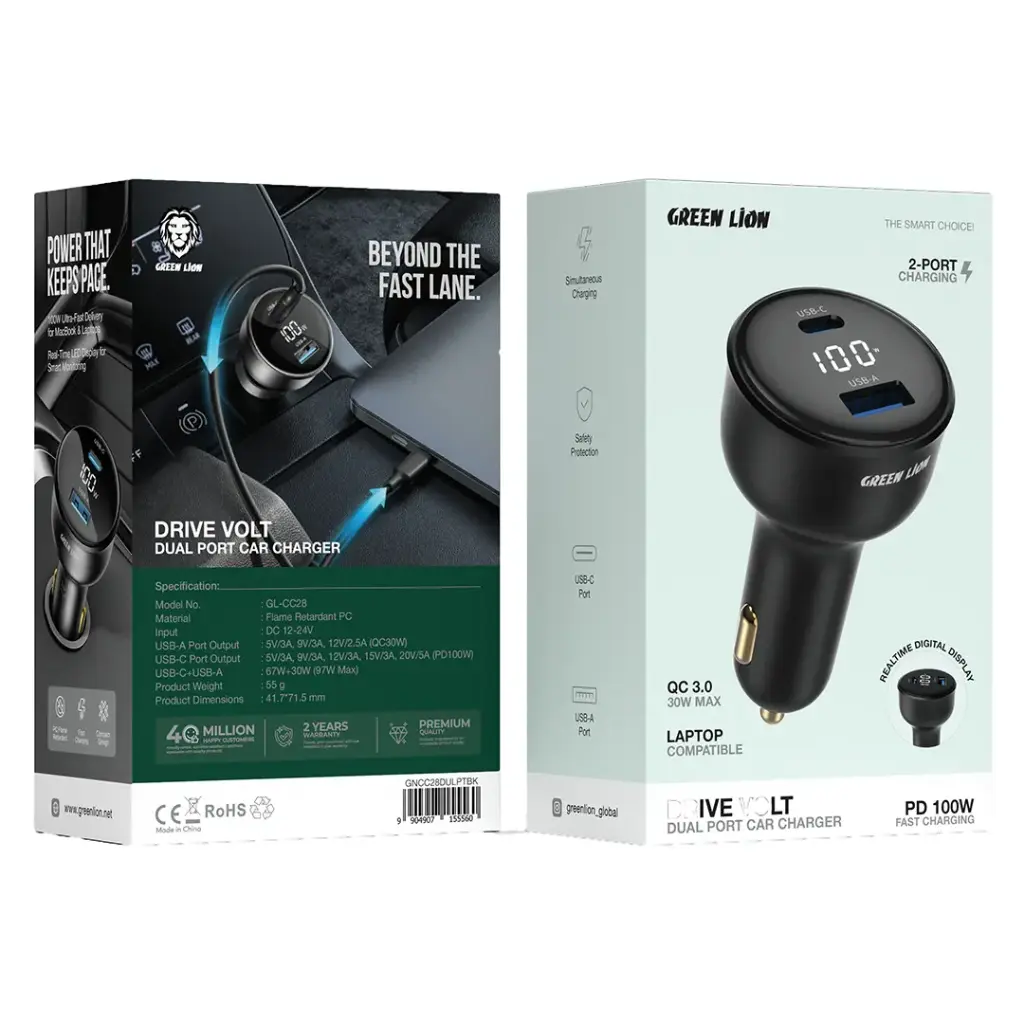 Green Lion DRIVE VOLT dual port Car Charger 100W - Black