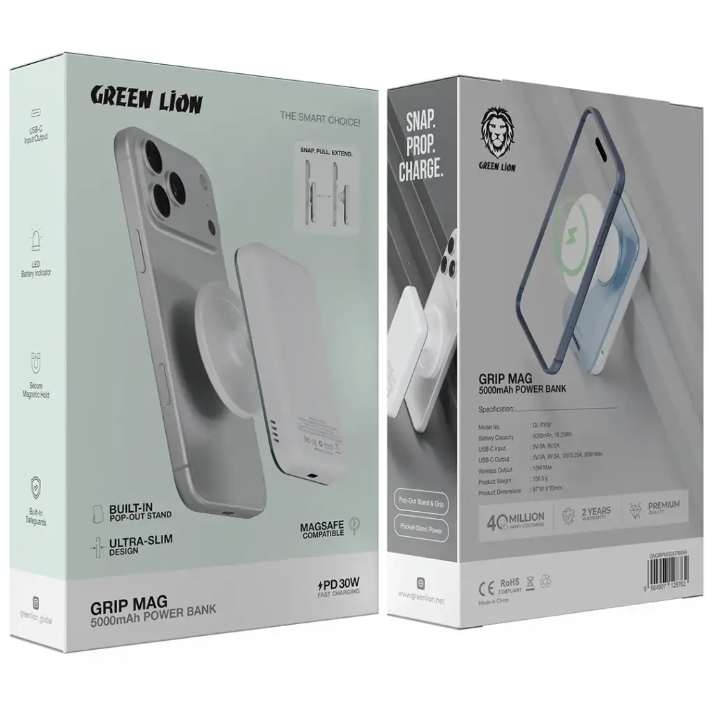 باور بانك Green Lion Grip Mag بسعة 5000mAh و PD 30W - أسود