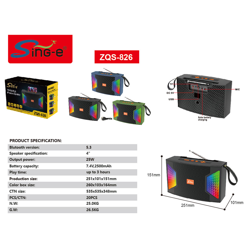 مصباح يدوي قابل للشحن SinG-e ZQS-826 بقوة 30W ومضخم صوت - مكبر صوت ستيريو BT