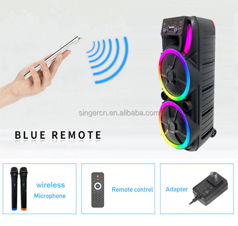 GEDI-G Dual Woofer Portable Party Speaker with RGB Lights & Wireless Microphones – Black