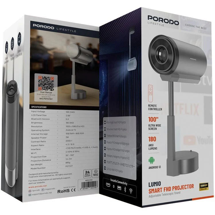 Porodo Lifestyle Lumos جهاز عرض ذكي HD مع حامل تلسكوبي قابل للتعديل
