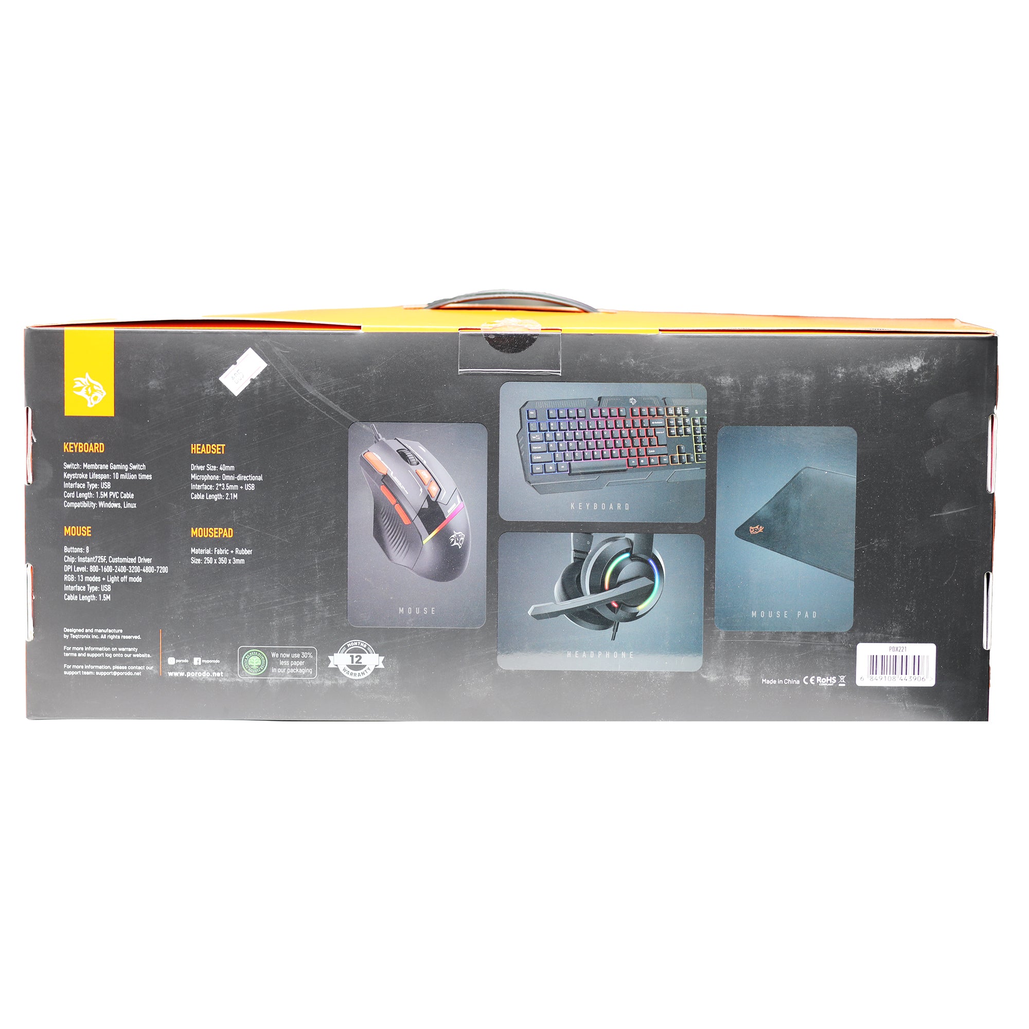 طقم ألعاب احترافي Porodo Gaming PDX221 – لوحة مفاتيح وماوس وسماعة وماوس باد