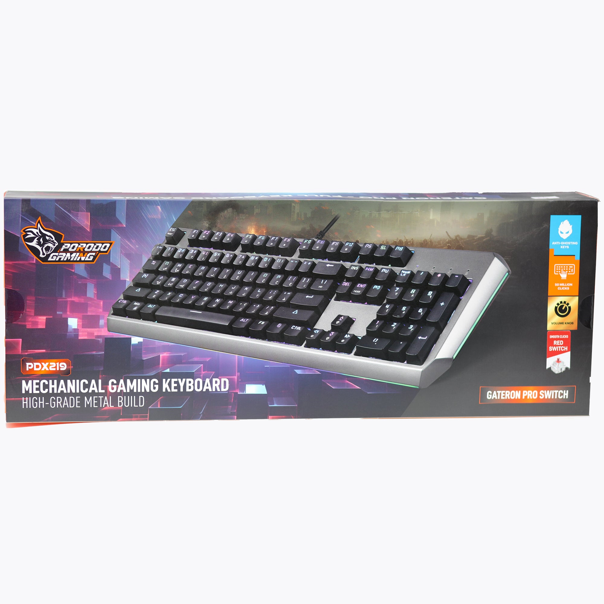 لوحة مفاتيح ألعاب ميكانيكية Porodo Gaming PDX219 بإضاءة RGB مع مفاتيح Gateron Pro Red