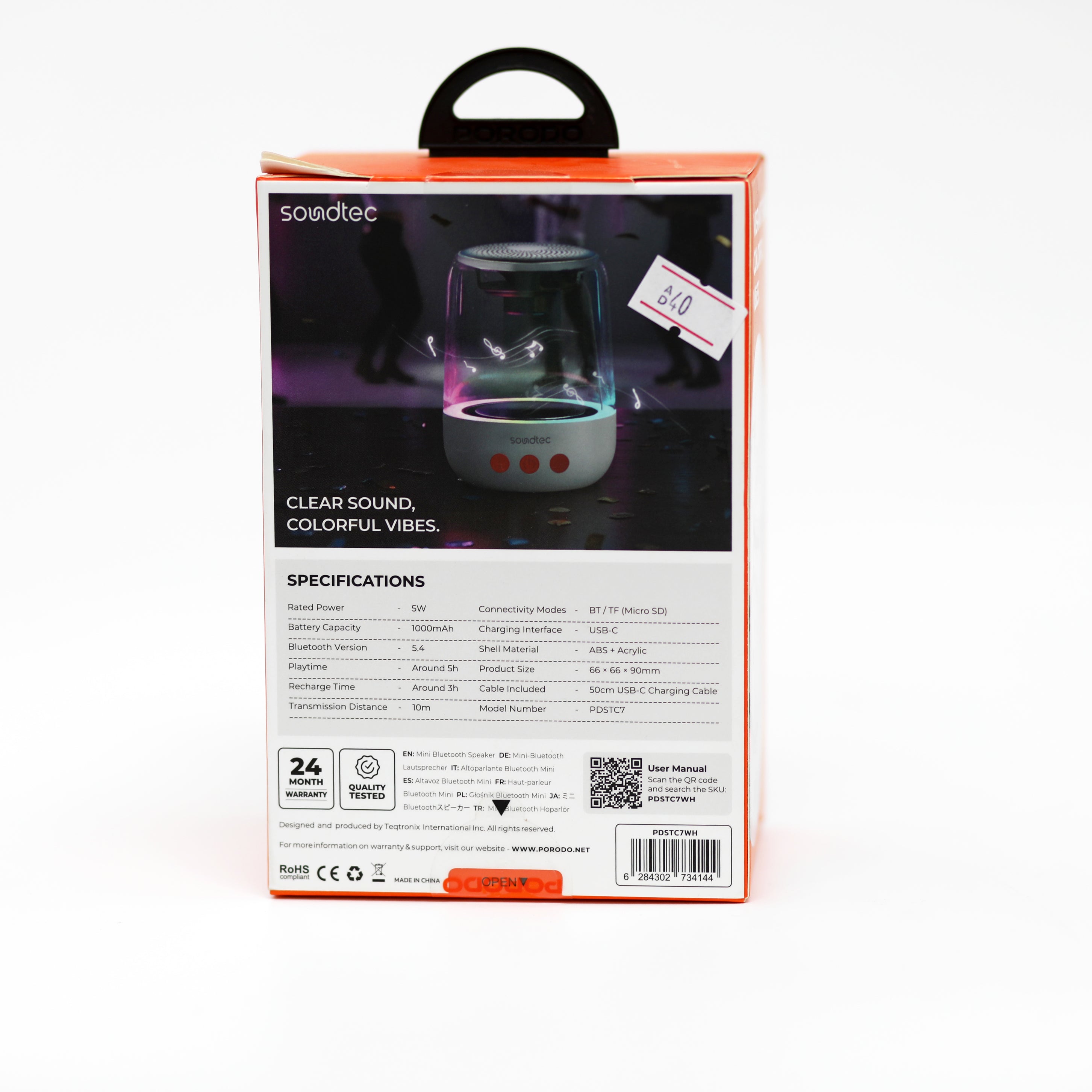 سماعة بلوتوث صغيرة Porodo Soundtec Crystal-Glow Mini بإضاءة RGB وتصميم شفاف