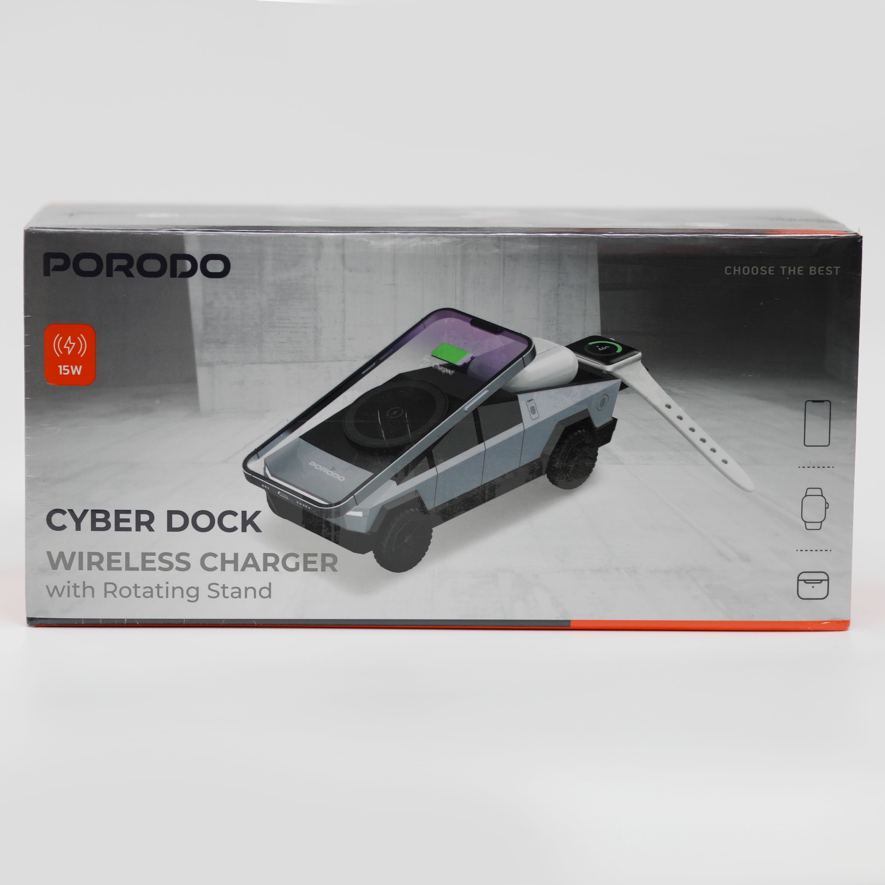 قاعدة شحن لاسلكي 3 في 1 Porodo Cyber Dock بقدرة 15 واط مع حامل دوّار